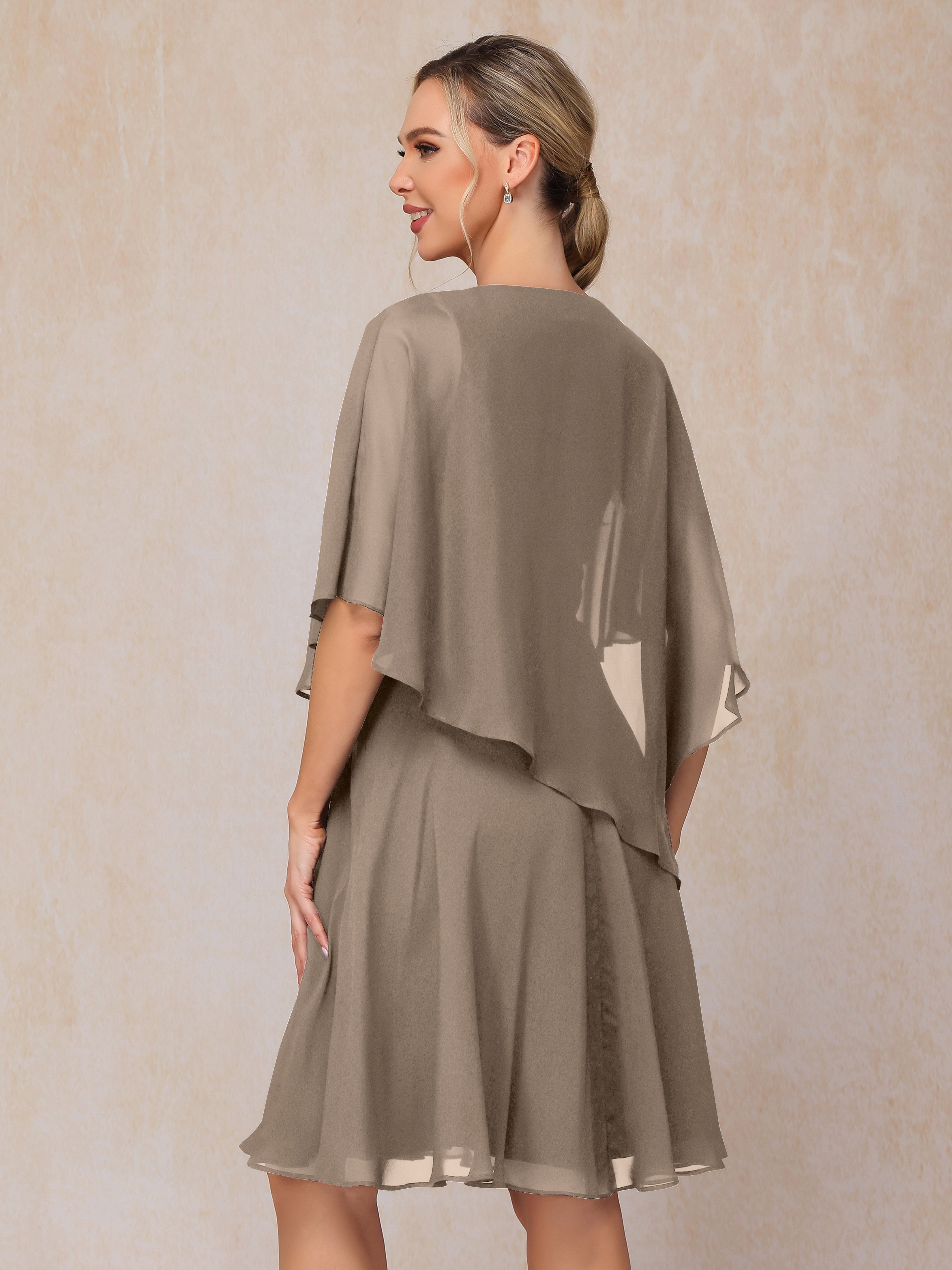 V Neck Short Sleeves Knee Length Chiffon Mother Of The Bride Dress