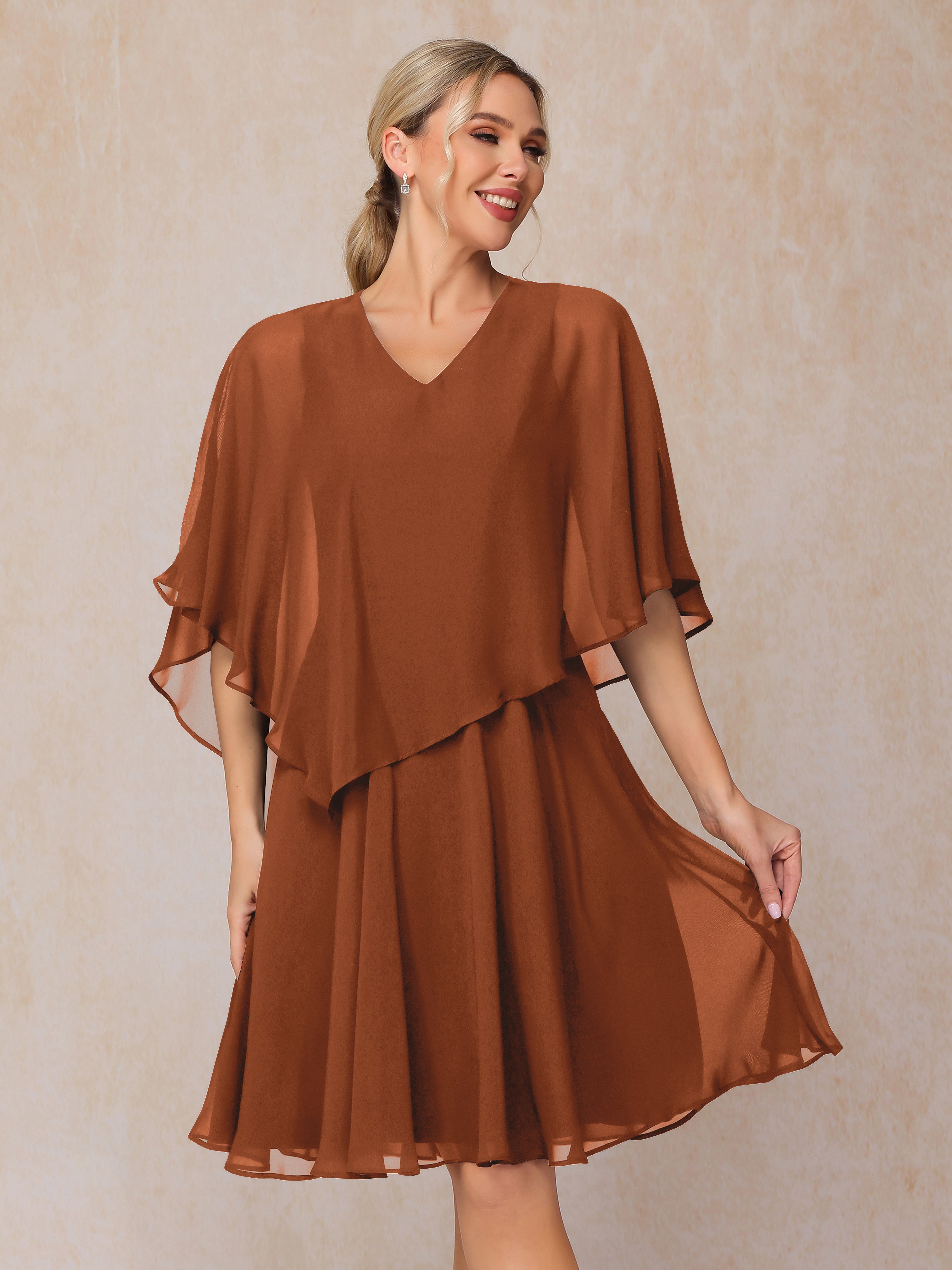 V Neck Short Sleeves Knee Length Chiffon Mother Of The Bride Dress