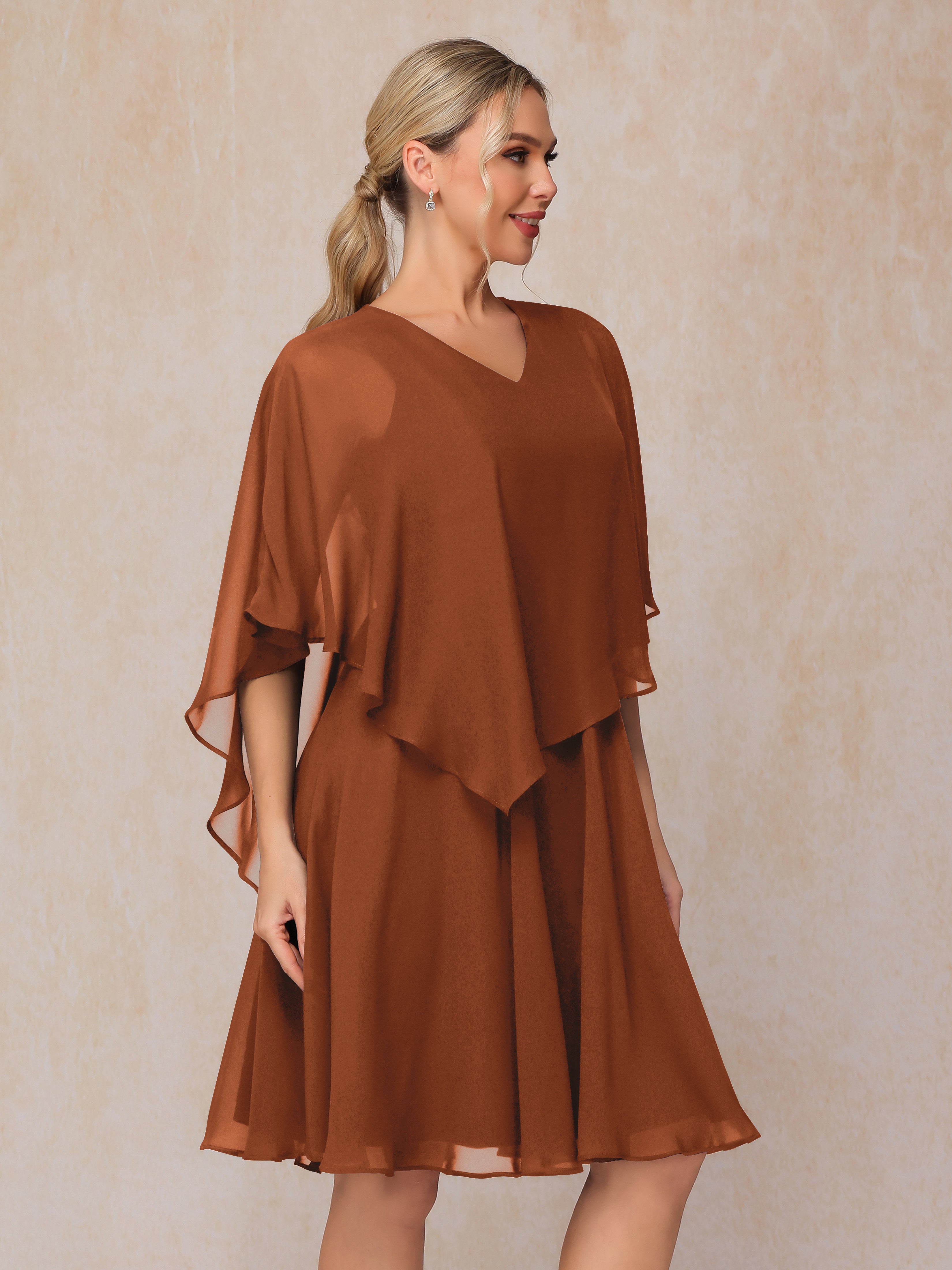 V Neck Short Sleeves Knee Length Chiffon Mother Of The Bride Dress