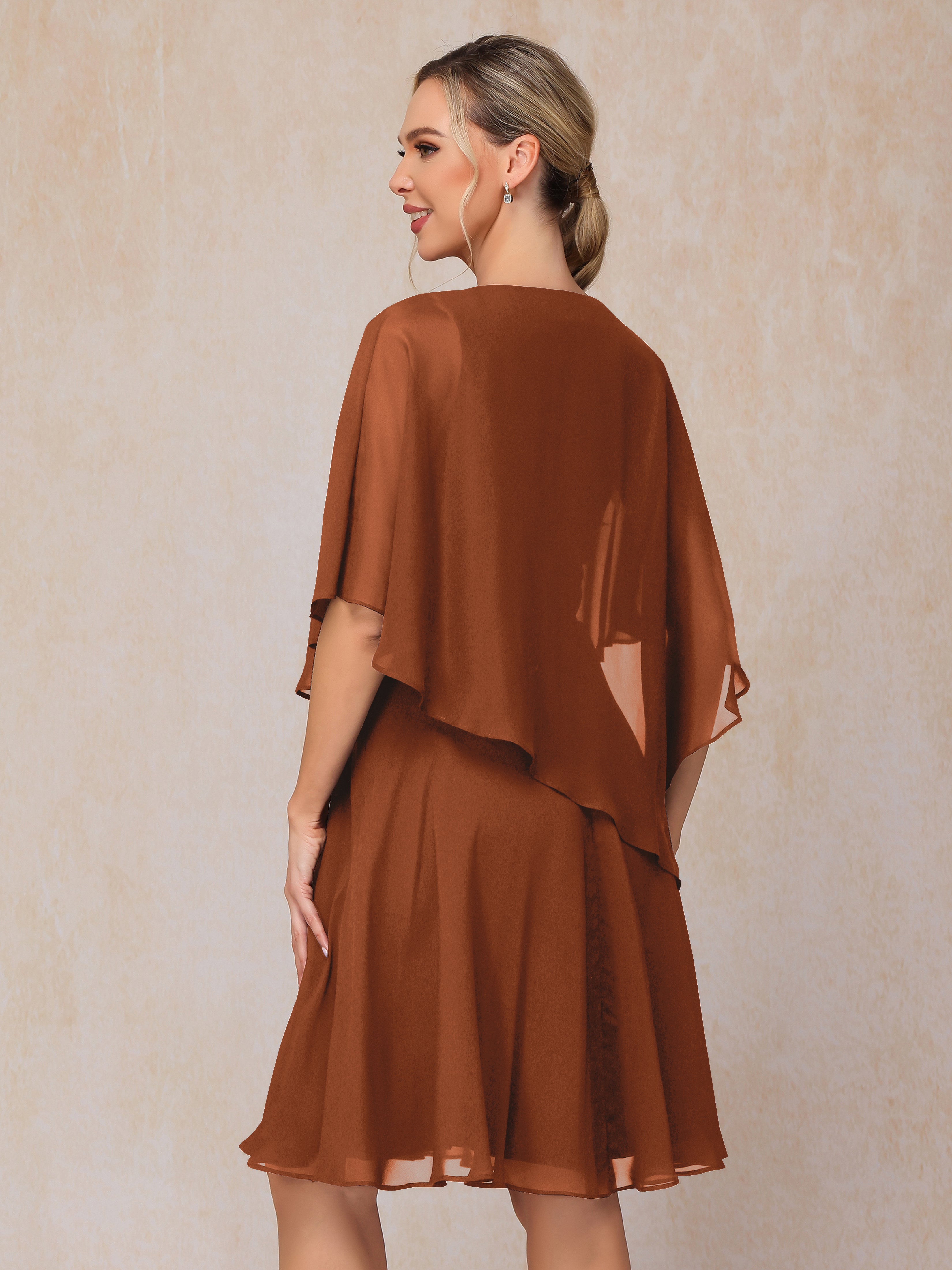V Neck Short Sleeves Knee Length Chiffon Mother Of The Bride Dress