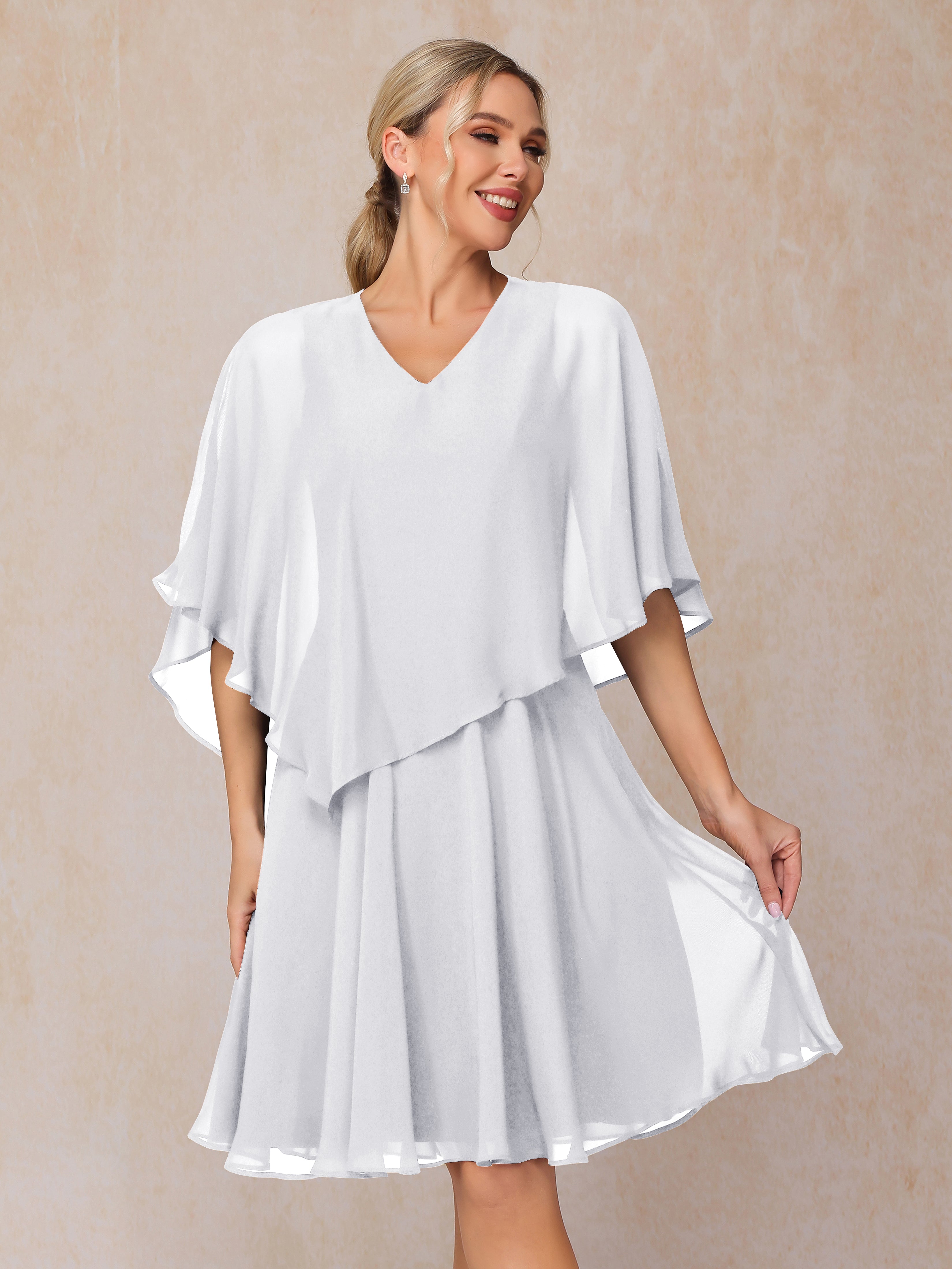 V Neck Short Sleeves Knee Length Chiffon Mother Of The Bride Dress