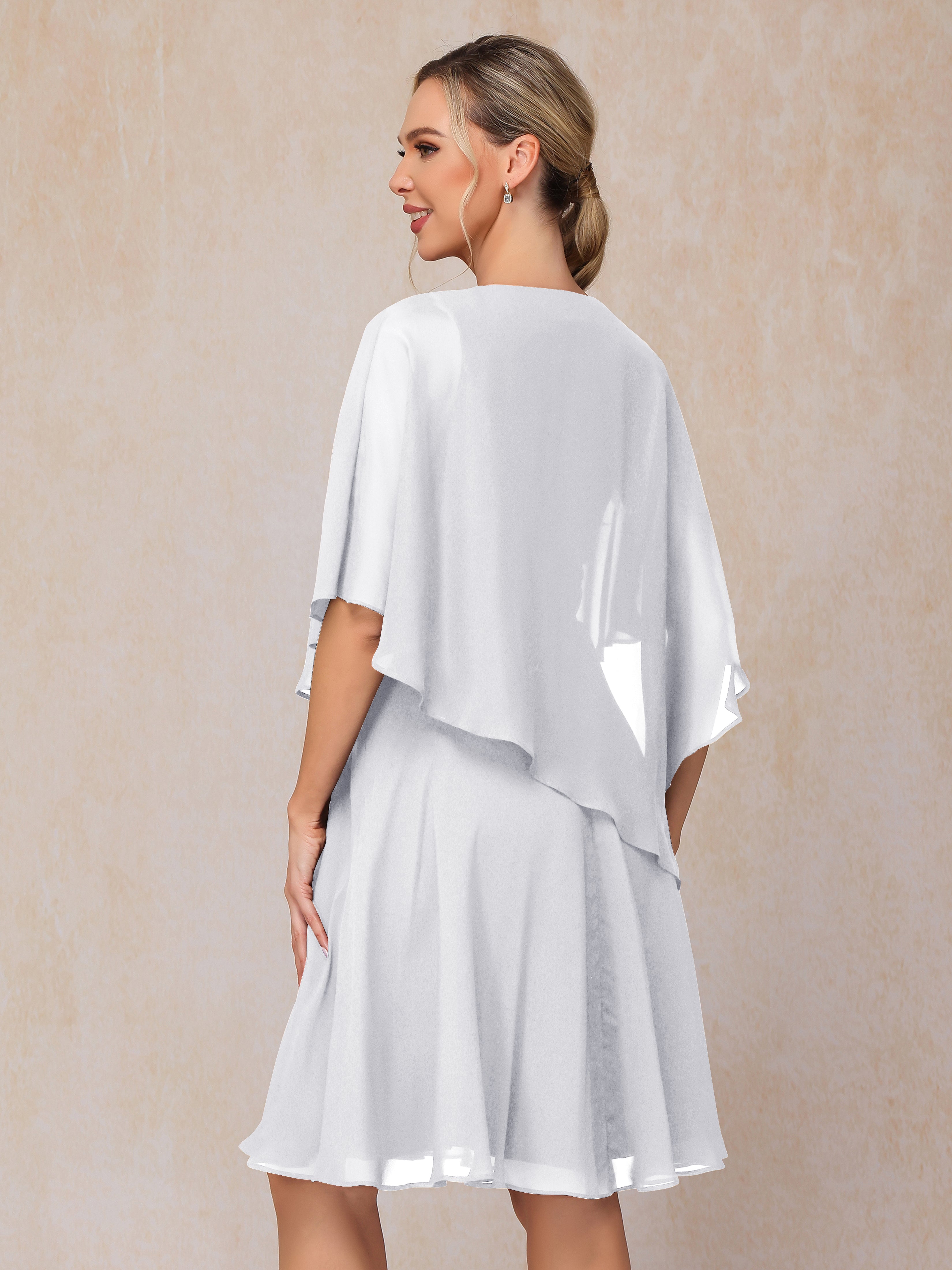 V Neck Short Sleeves Knee Length Chiffon Mother Of The Bride Dress