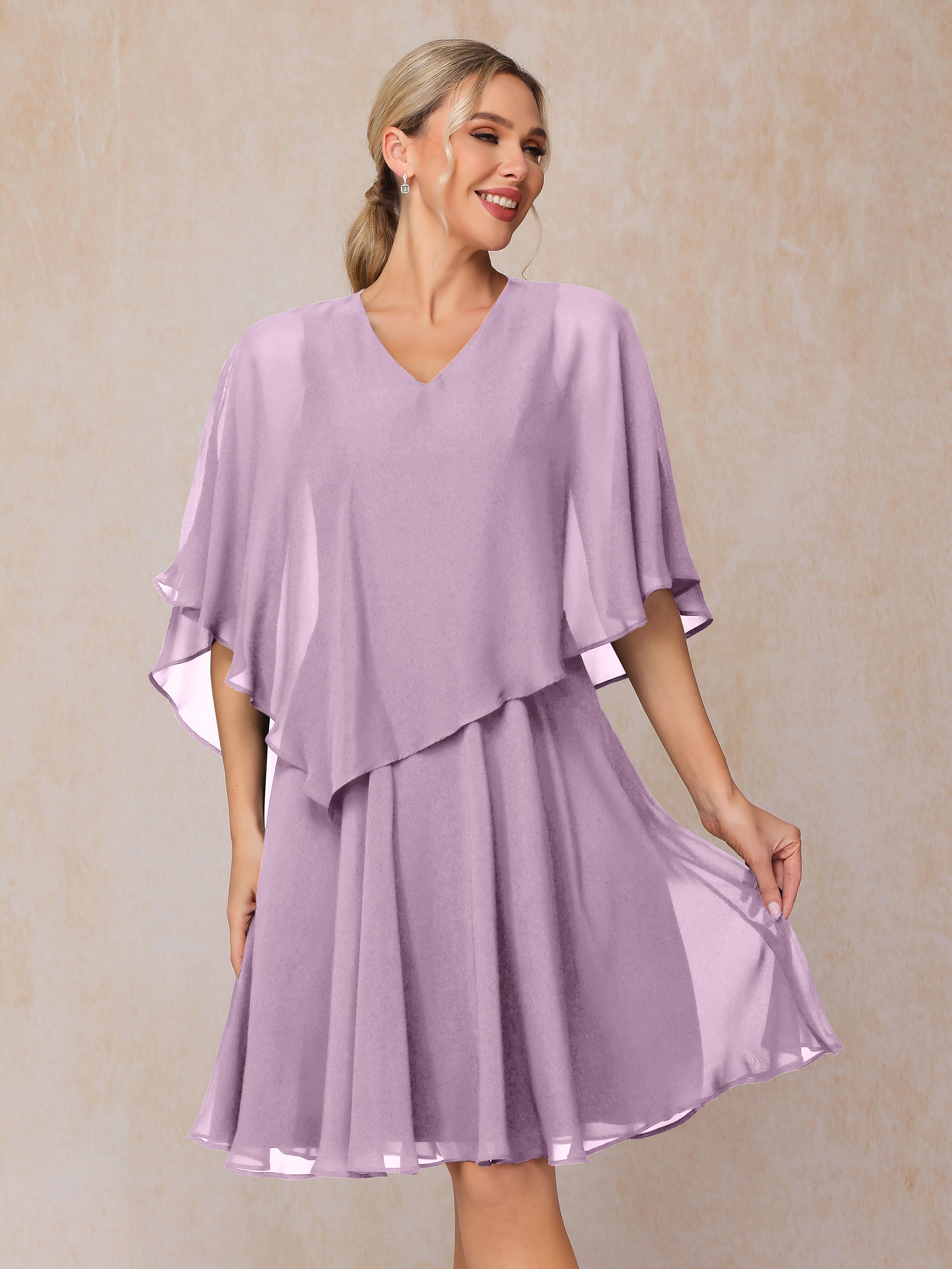V Neck Short Sleeves Knee Length Chiffon Mother Of The Groom Dress