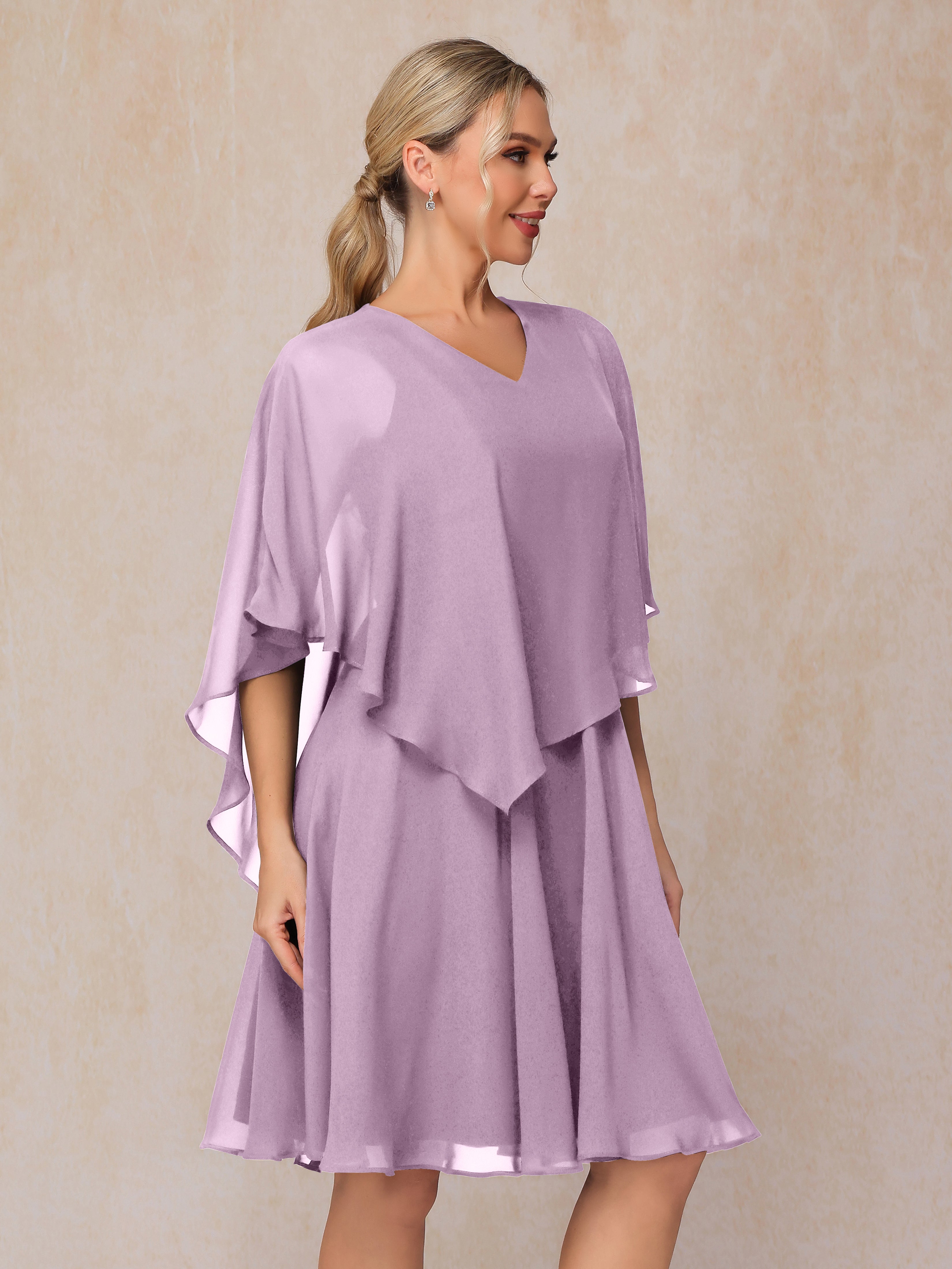 V Neck Short Sleeves Knee Length Chiffon Mother Of The Bride Dress