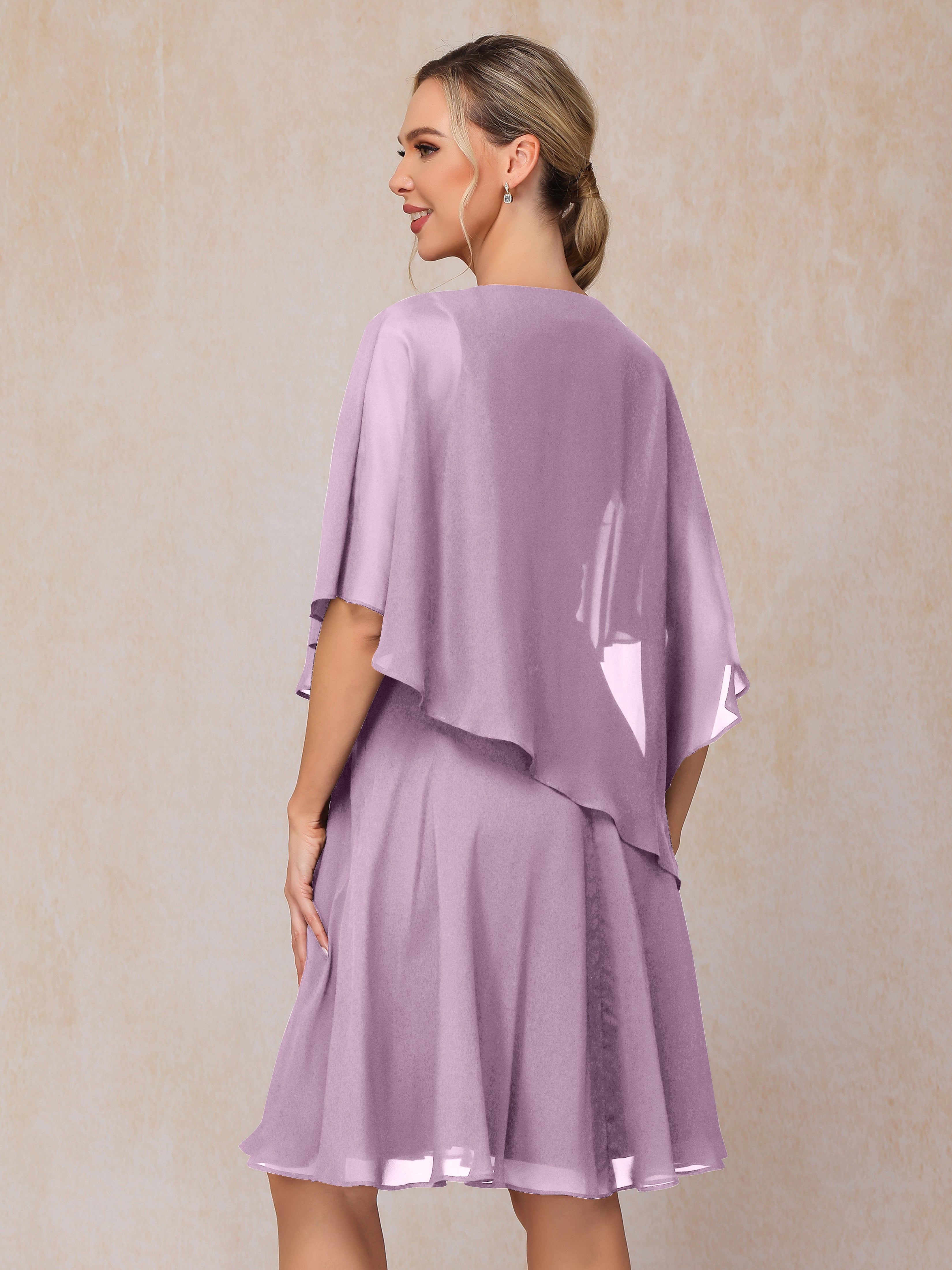 V Neck Short Sleeves Knee Length Chiffon Mother Of The Bride Dress