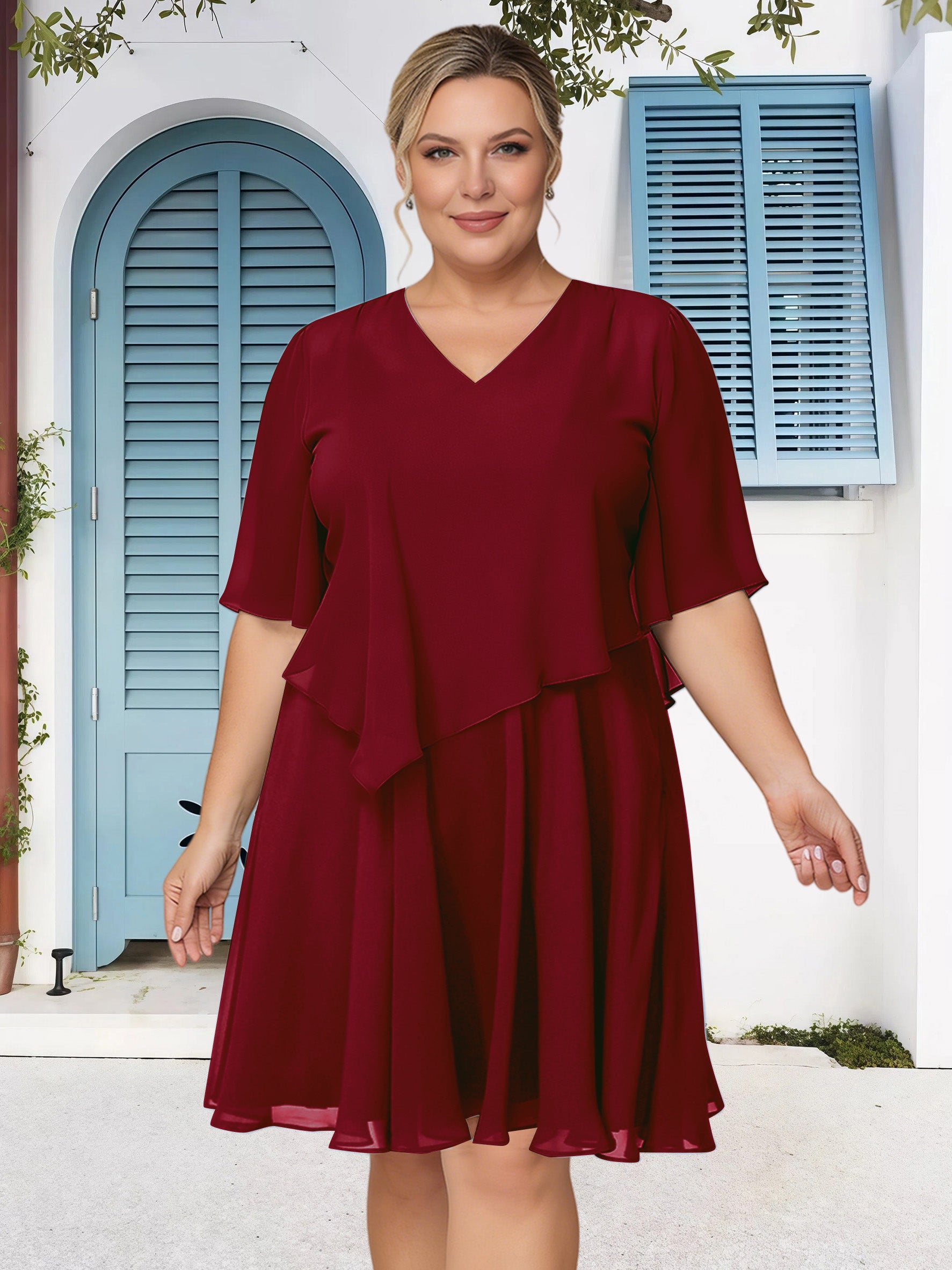 Cicinia Burgundy Mother Of The Bride Dress Plus Size Short Chiffon A-line V-neck Knee Length