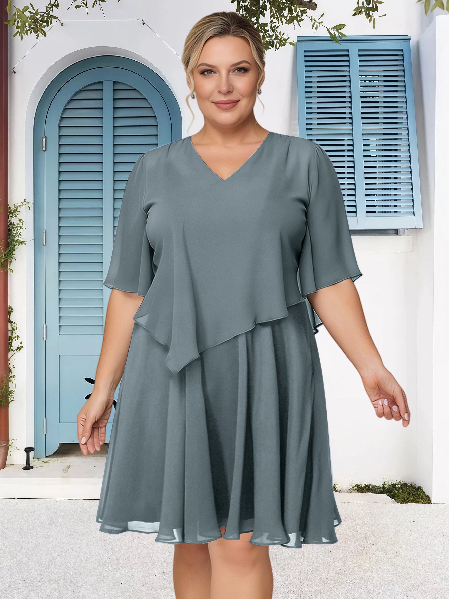 Cicinia Steel Grey Mother Of The Bride Dress Plus Size Short Chiffon A-line V-neck Knee Length