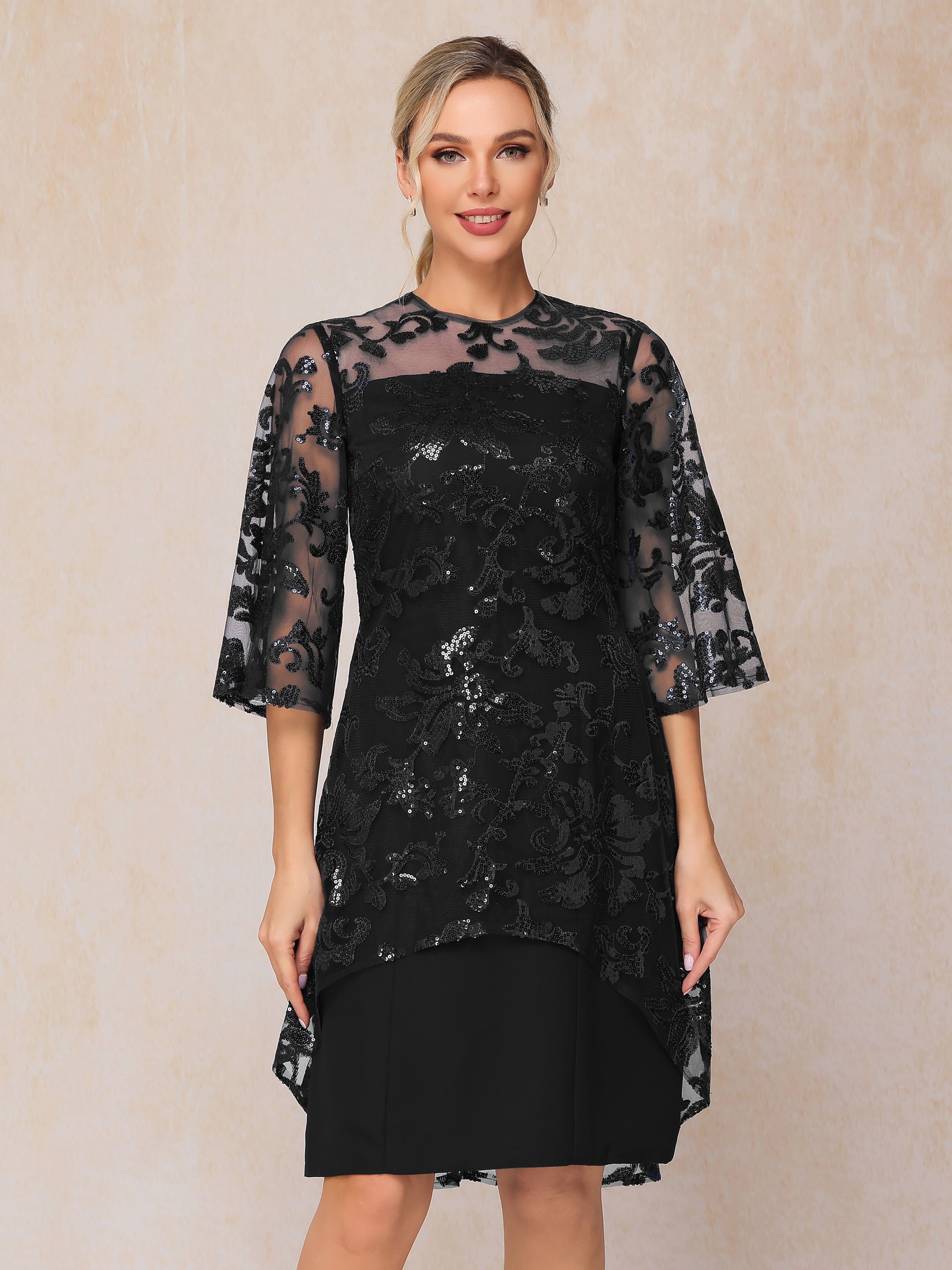 Short Sleeves Knee Length Sequins Lace Mother Of The Bride Dress, Black Short Sleeves Knee Length Sequins Lace Mother Of The Bride Dress, Black
