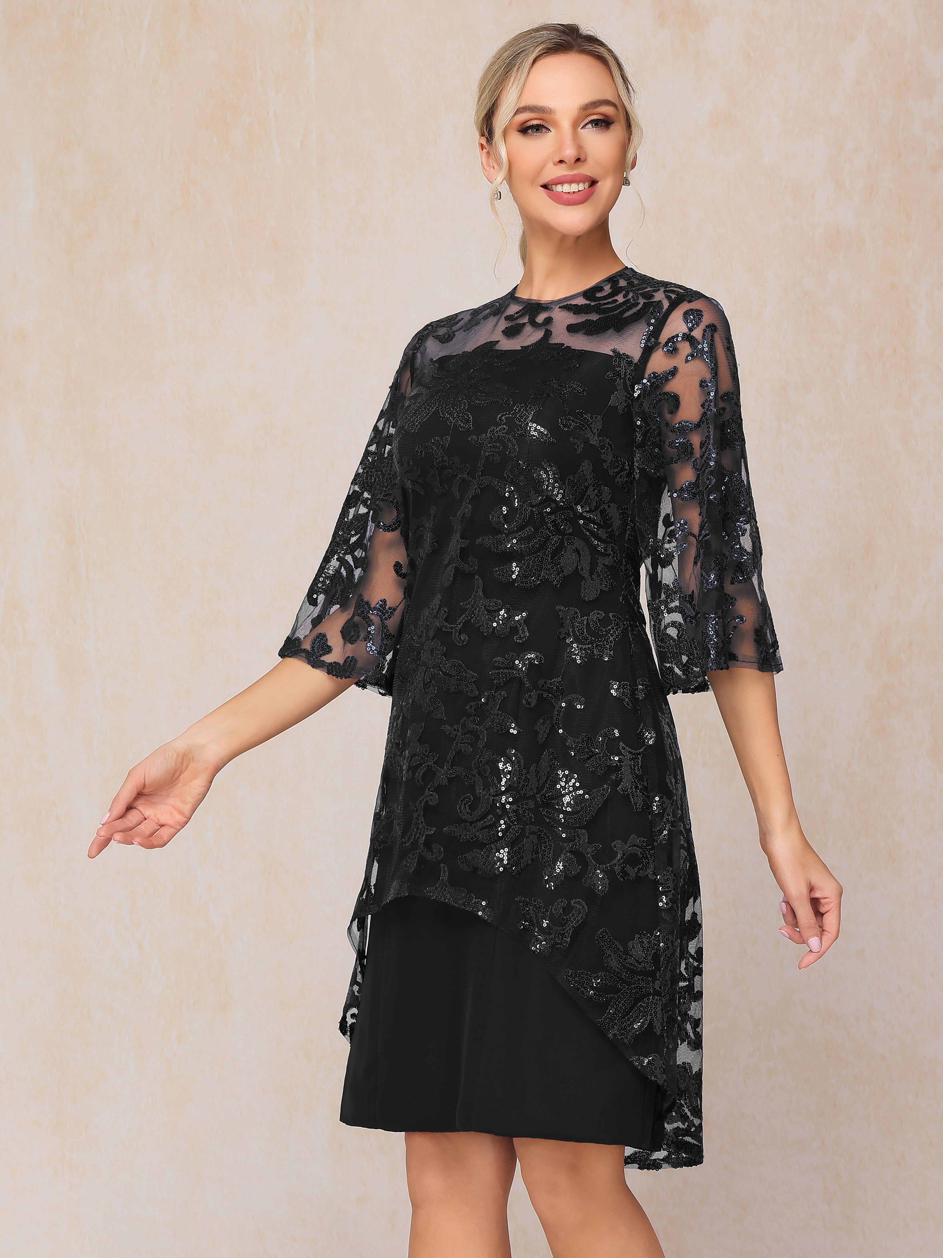 Short Sleeves Knee Length Sequins Lace Mother Of The Bride Dress