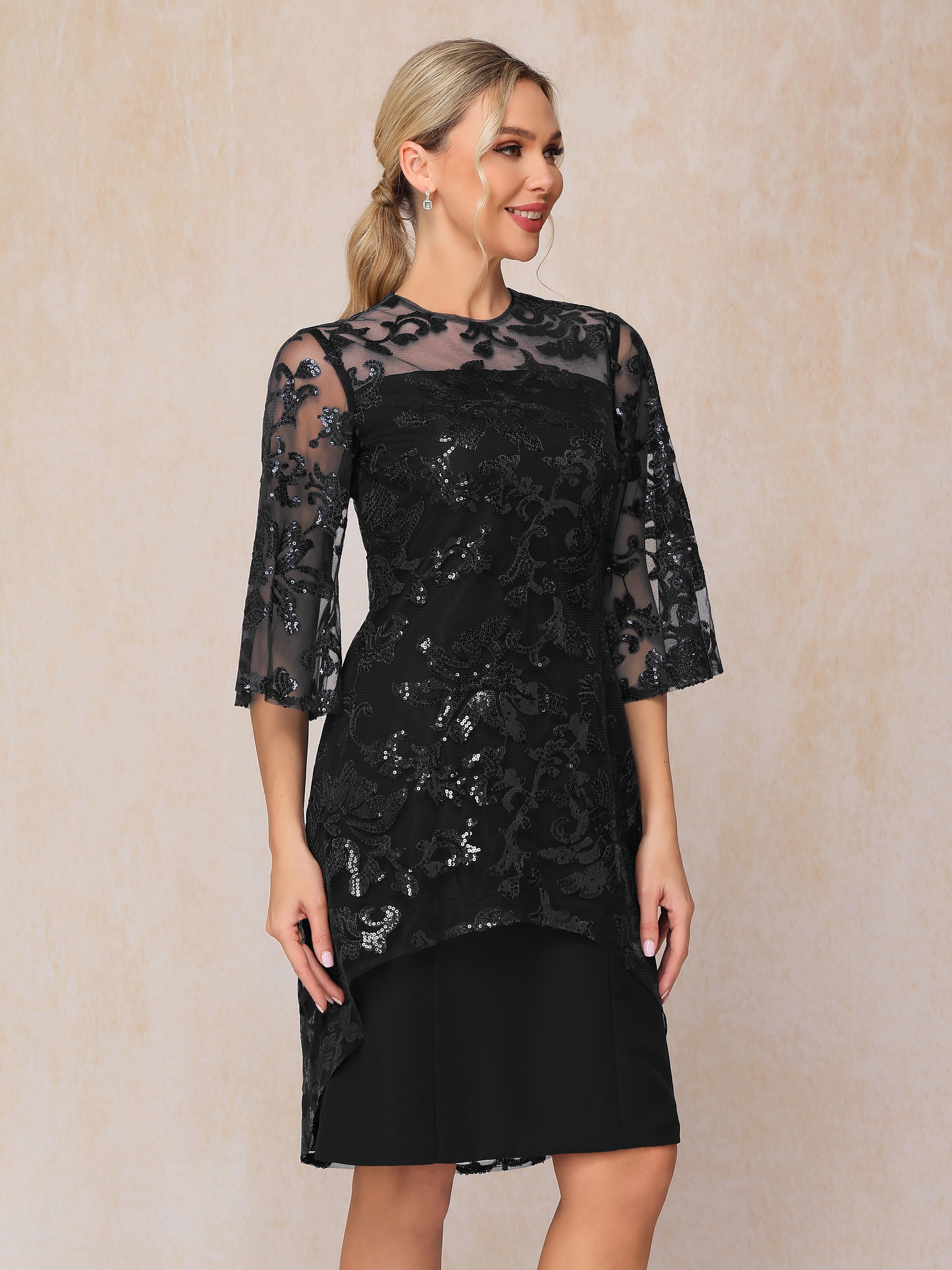 Short Sleeves Knee Length Sequins Lace Mother Of The Bride Dress