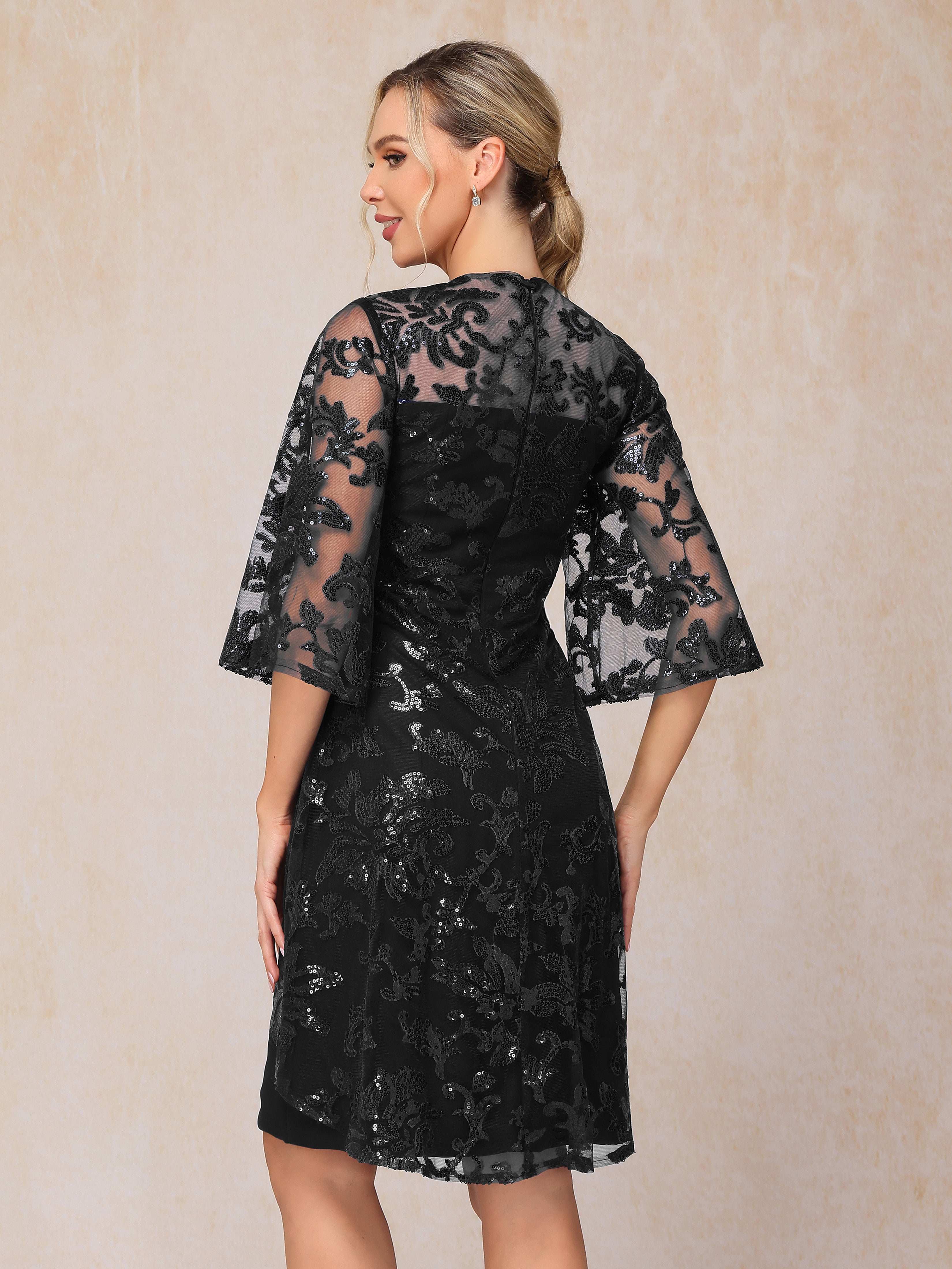 Short Sleeves Knee Length Sequins Lace Mother Of The Bride Dress