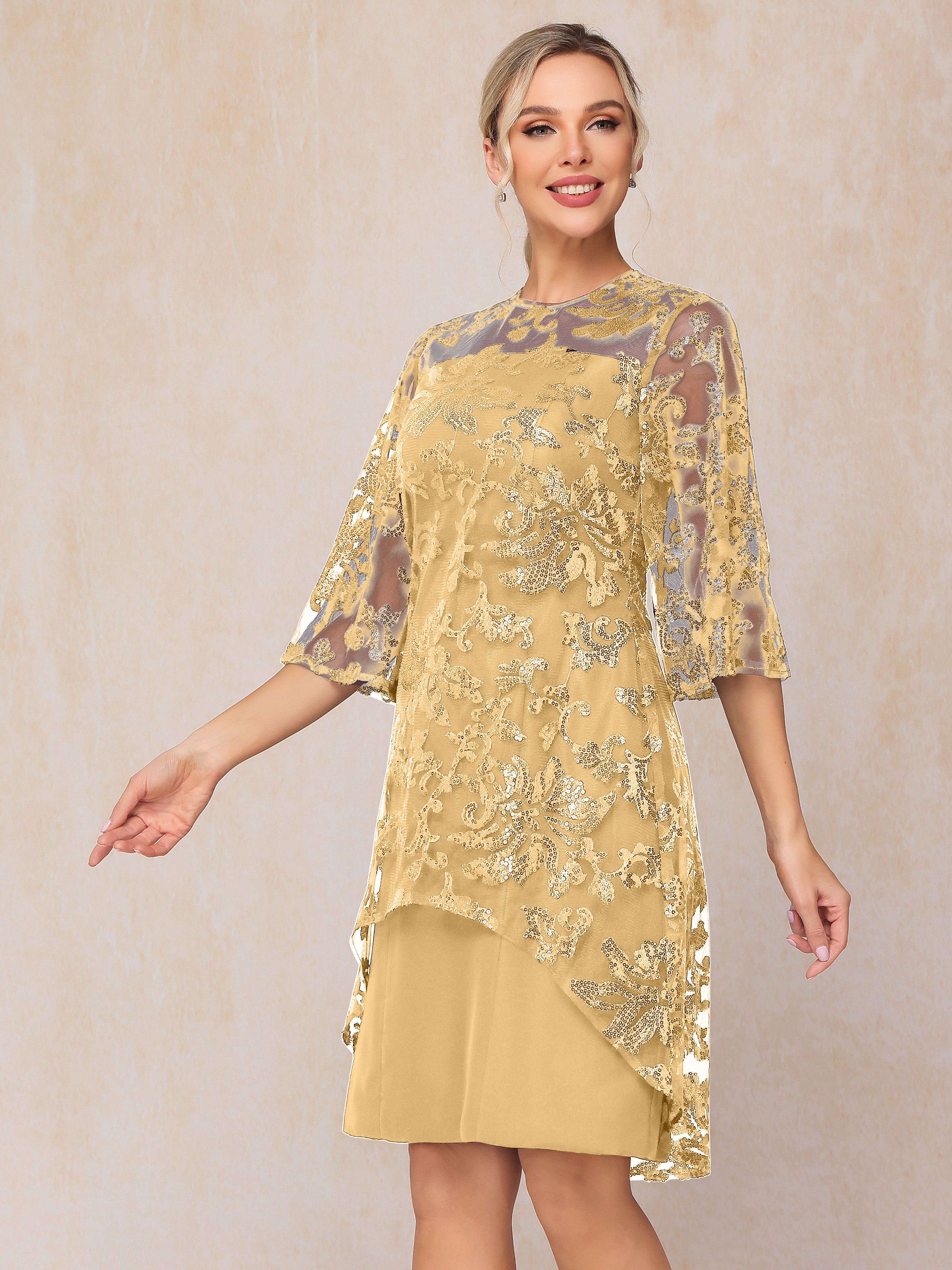 Short Sleeves Knee Length Sequins Lace Mother Of The Bride Dress