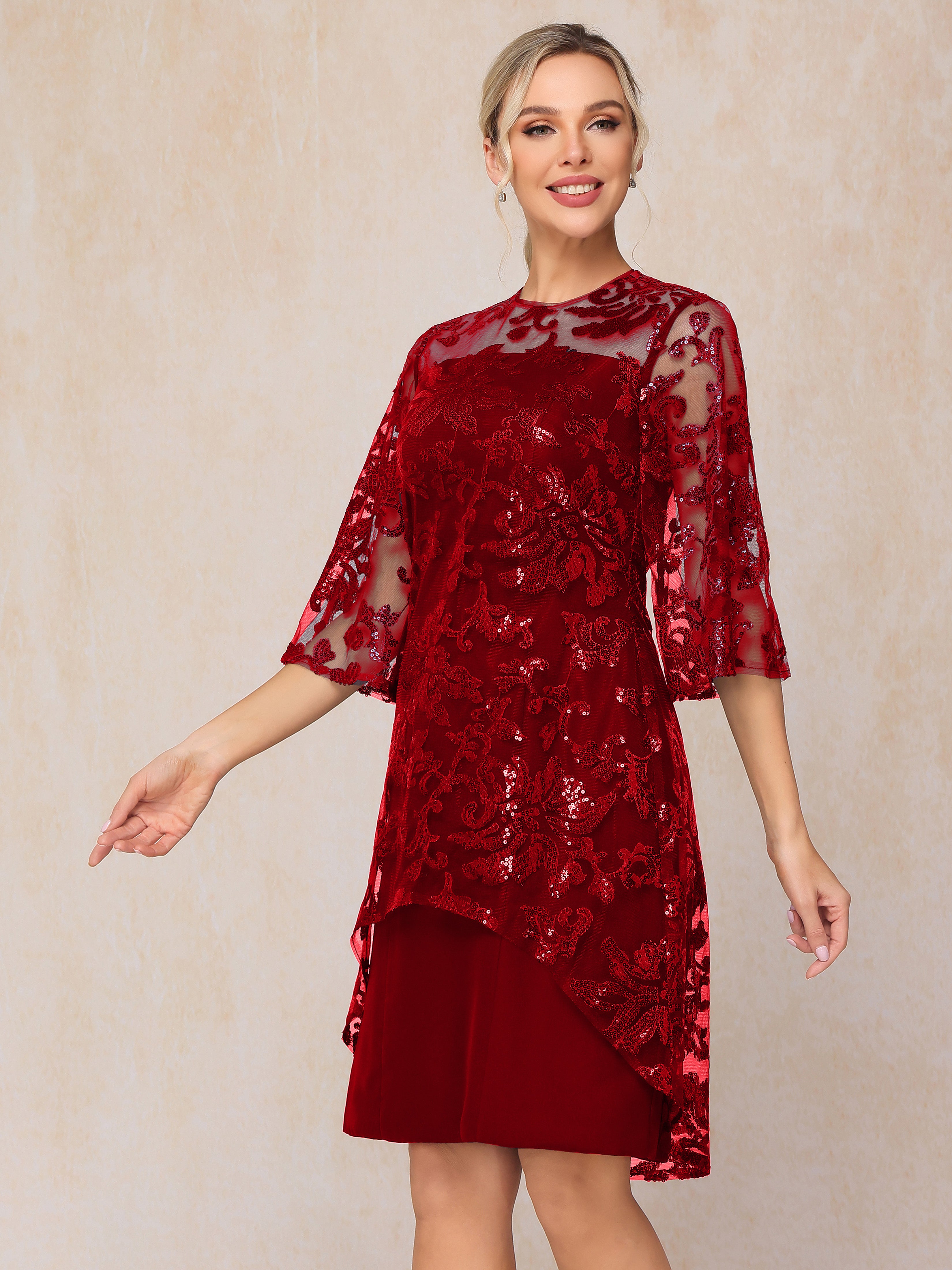 Short Sleeves Knee Length Sequins Lace Mother Of The Bride Dress