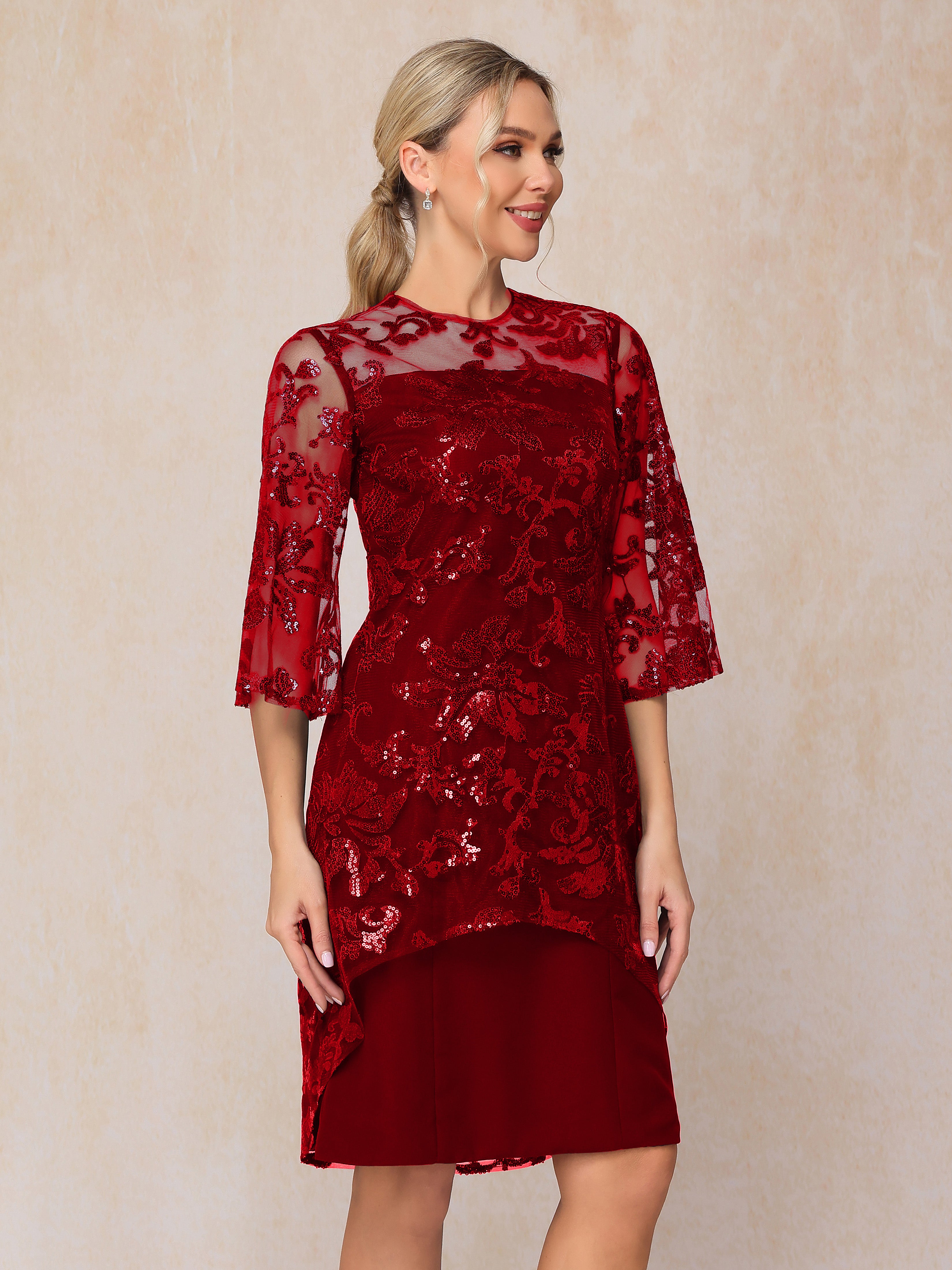 Short Sleeves Knee Length Sequins Lace Mother Of The Bride Dress