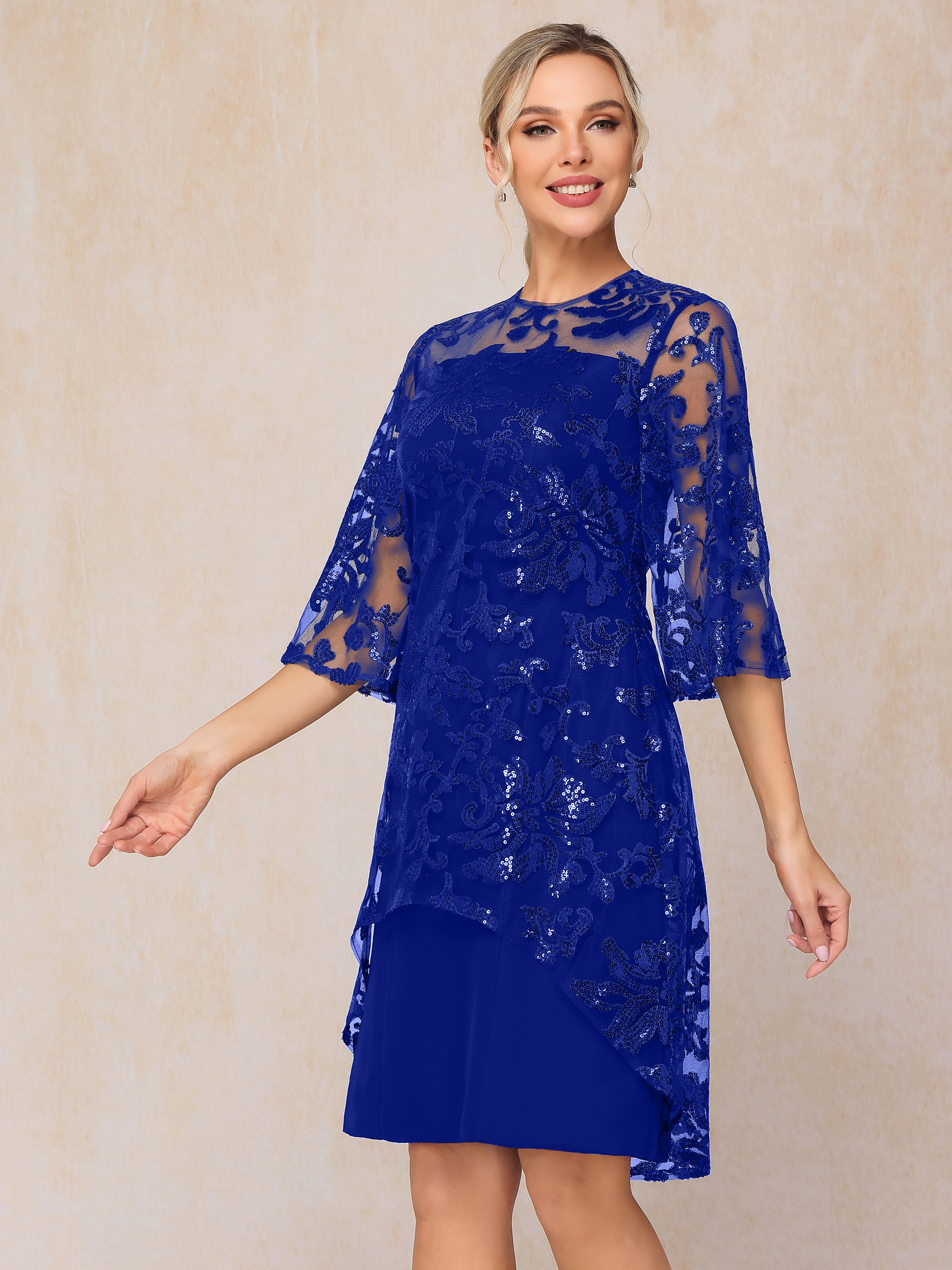 Short Sleeves Knee Length Sequins Lace Mother Of The Bride Dress