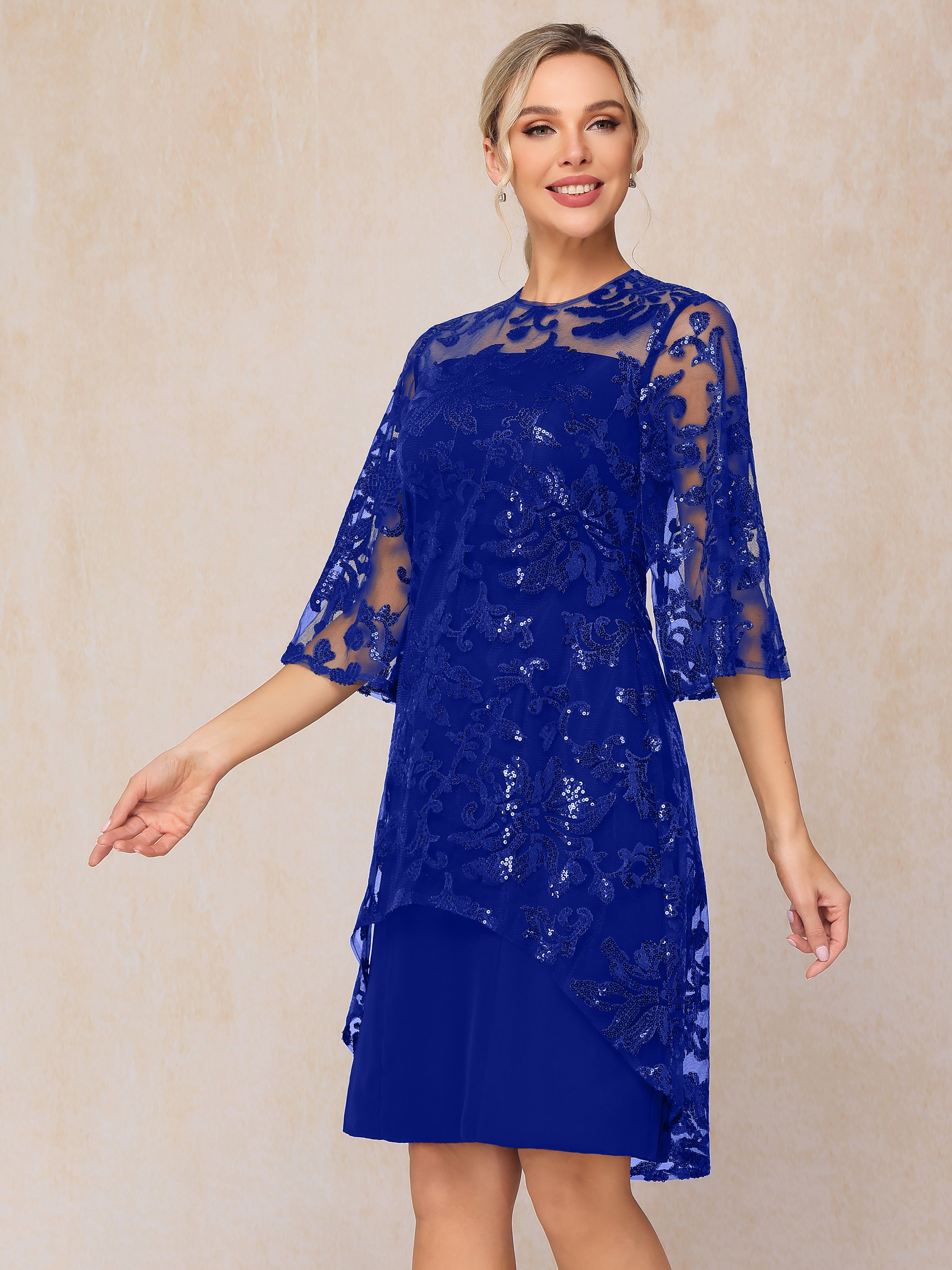 Short Sleeves Knee Length Sequins Lace Mother Of The Groom Dress