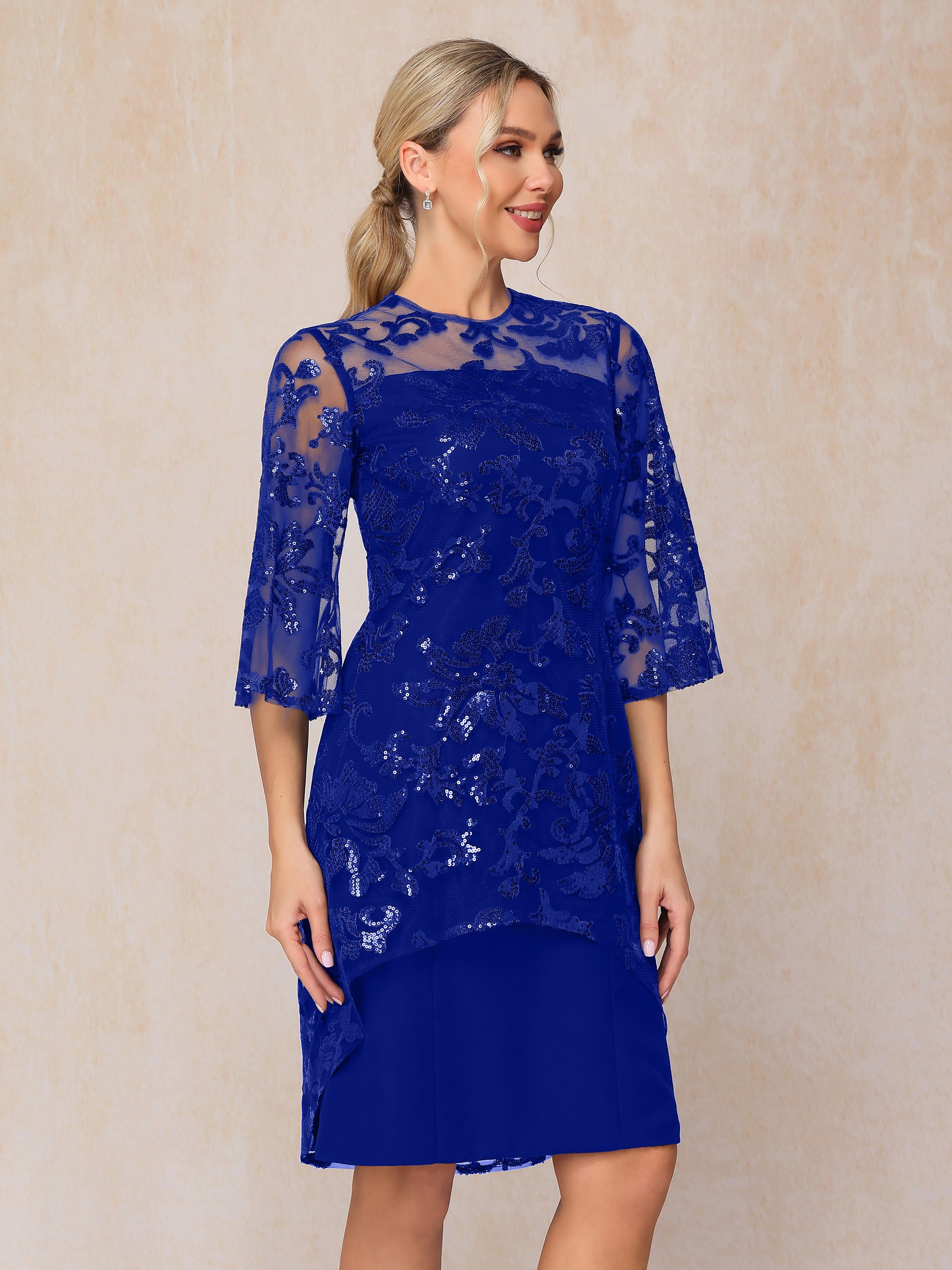 Short Sleeves Knee Length Sequins Lace Mother Of The Bride Dress