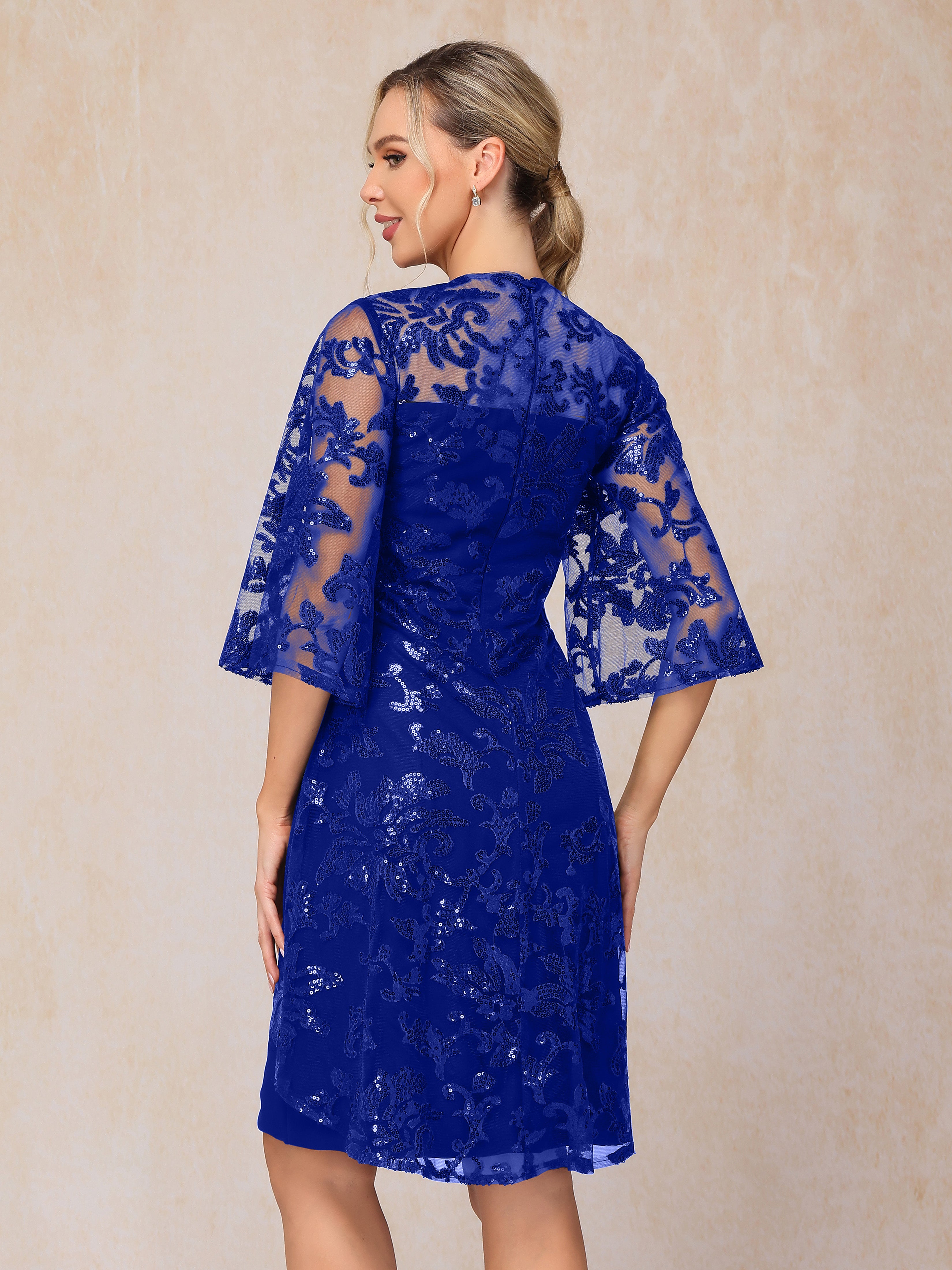 Short Sleeves Knee Length Sequins Lace Mother Of The Bride Dress