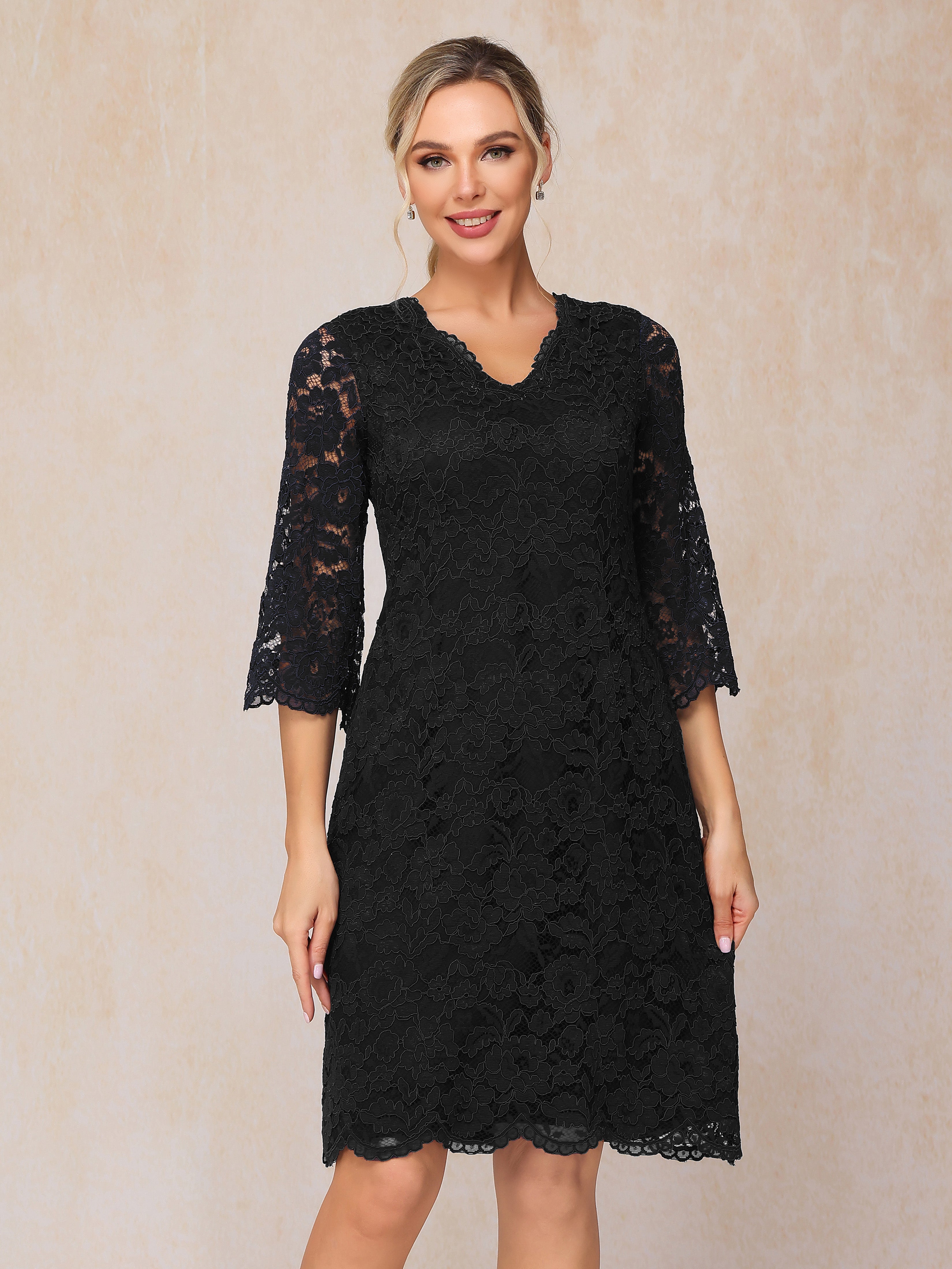 3/4 Sleeves Knee Length Lace Mother Of The Bride Dress, Black 3/4 Sleeves Knee Length Lace Mother Of The Bride Dress, Black