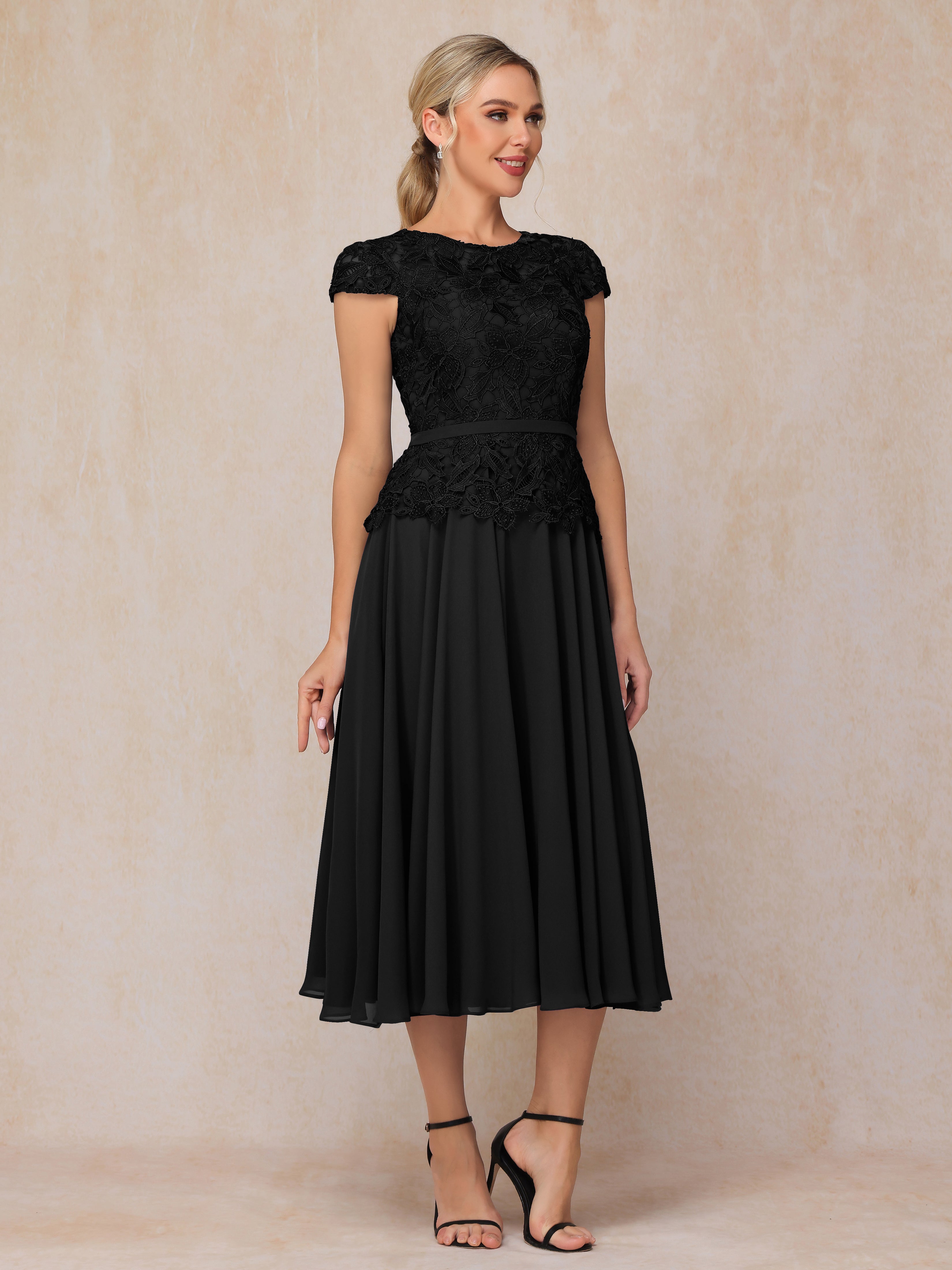 Cap Sleeves Tea Length Chiffon Mother Of The Bride Dress