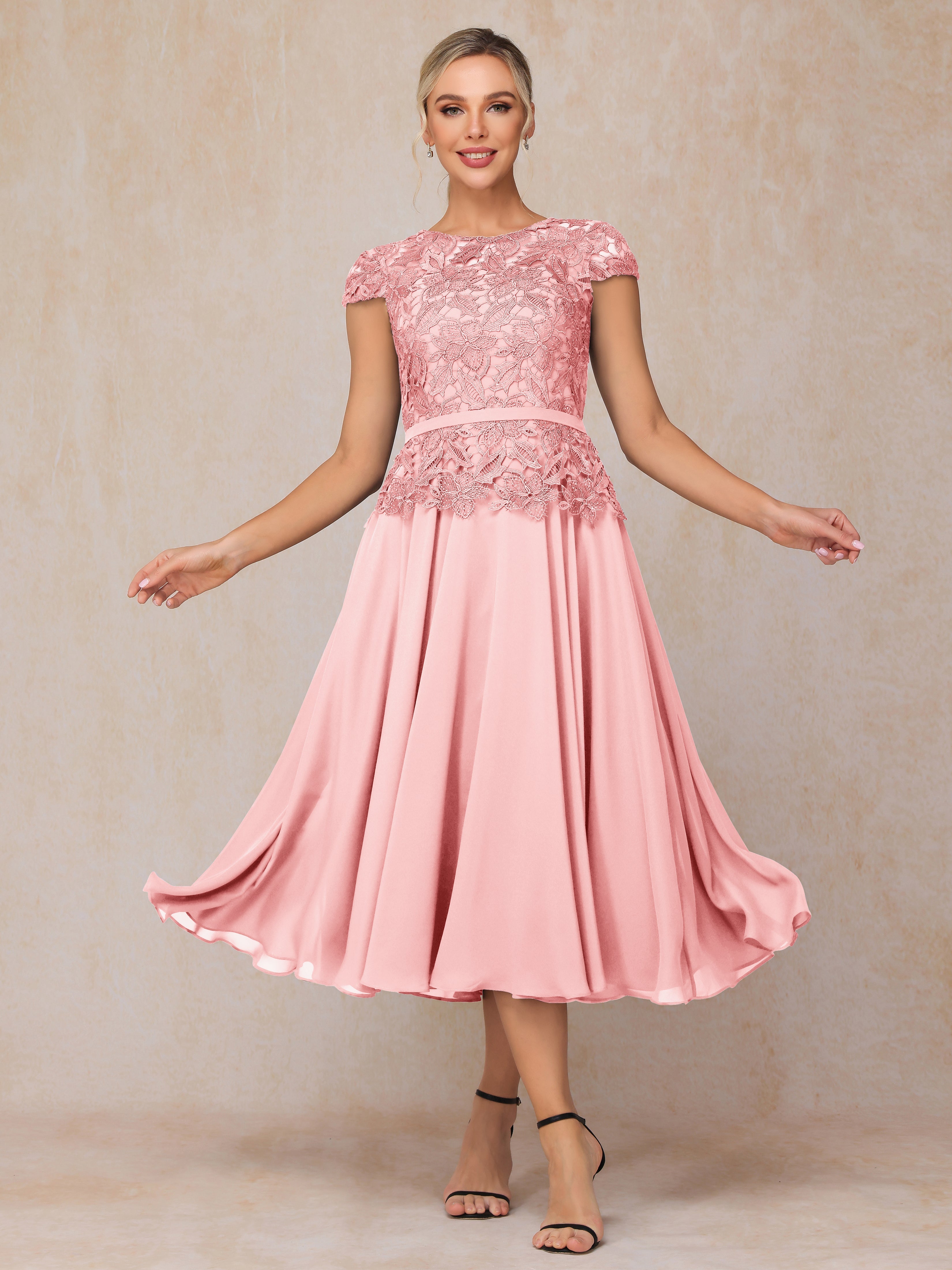 Cap Sleeves Tea Length Chiffon Mother Of The Groom Dress