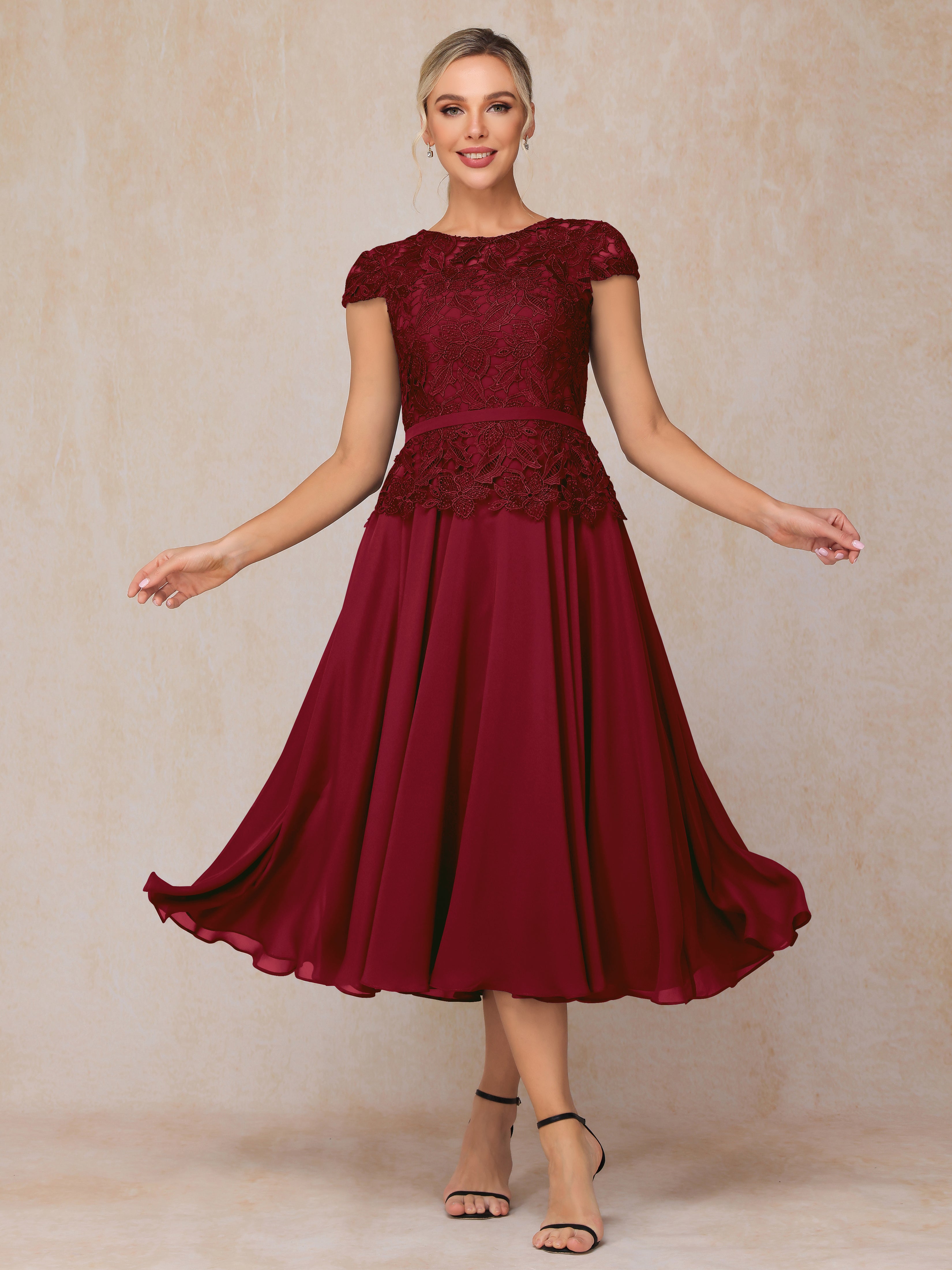 Cap Sleeves Tea Length Chiffon Mother Of The Bride Dress