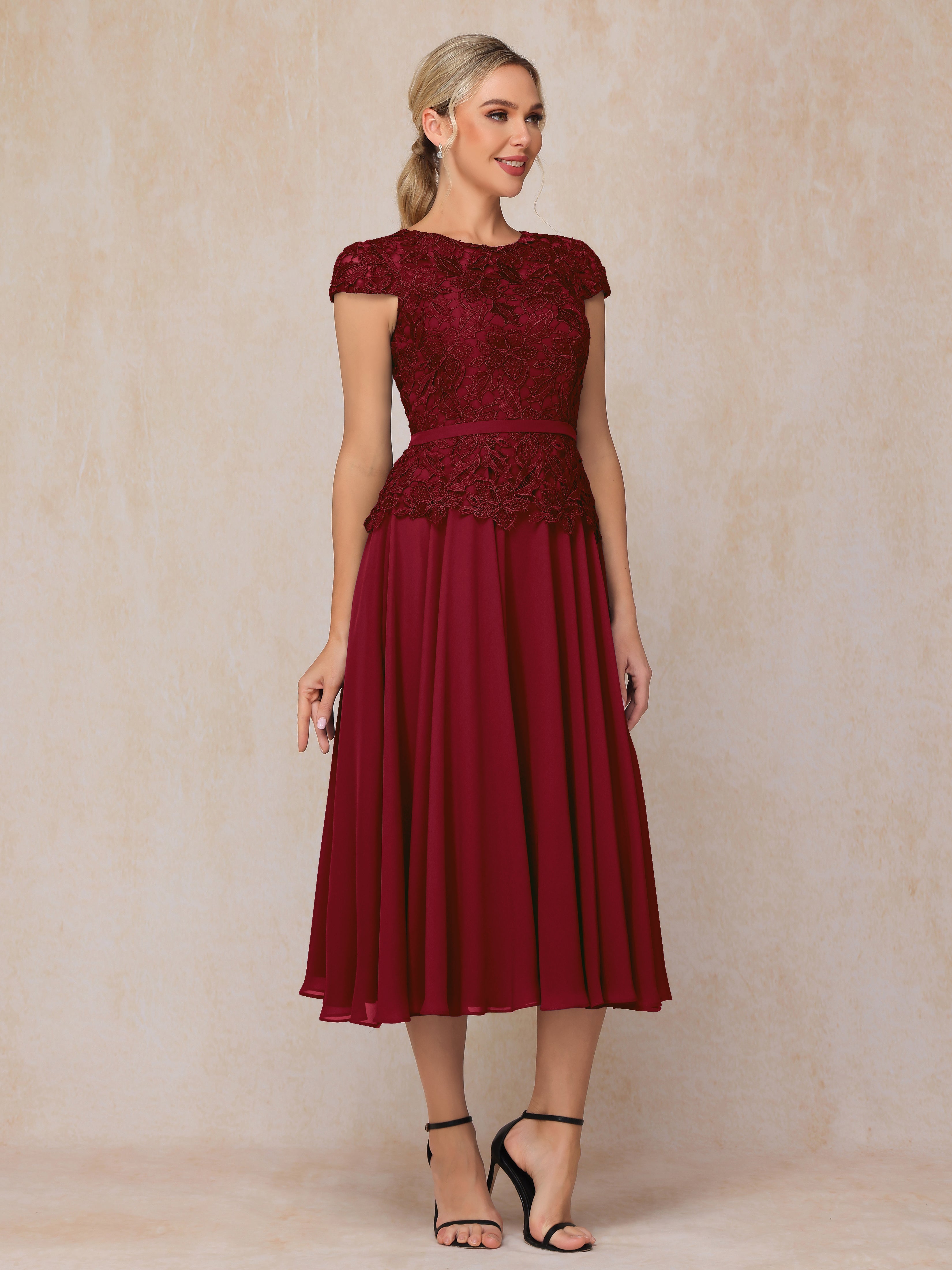 Cap Sleeves Tea Length Chiffon Mother Of The Groom Dress