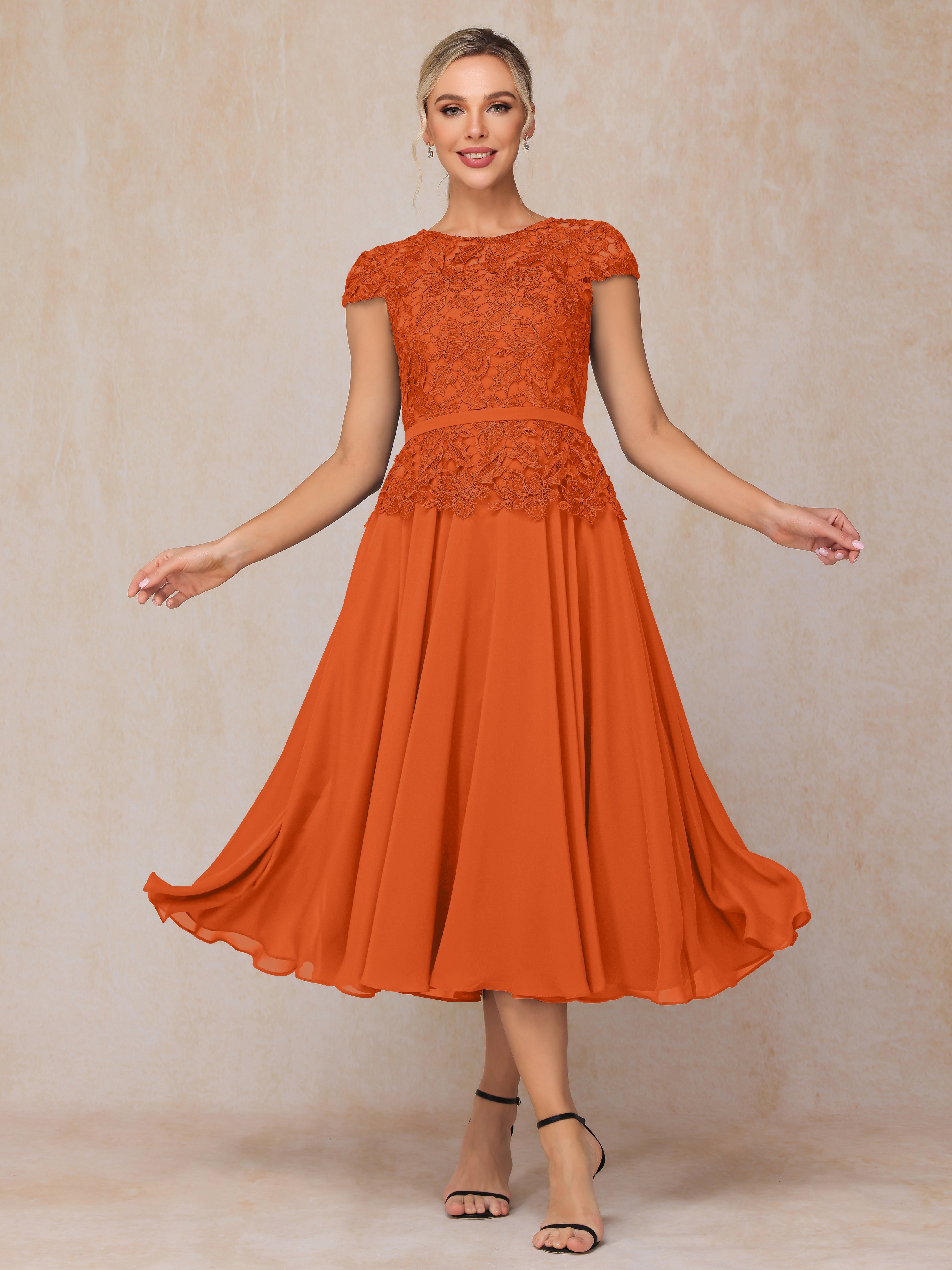 Cap Sleeves Tea Length Chiffon Mother Of The Groom Dress