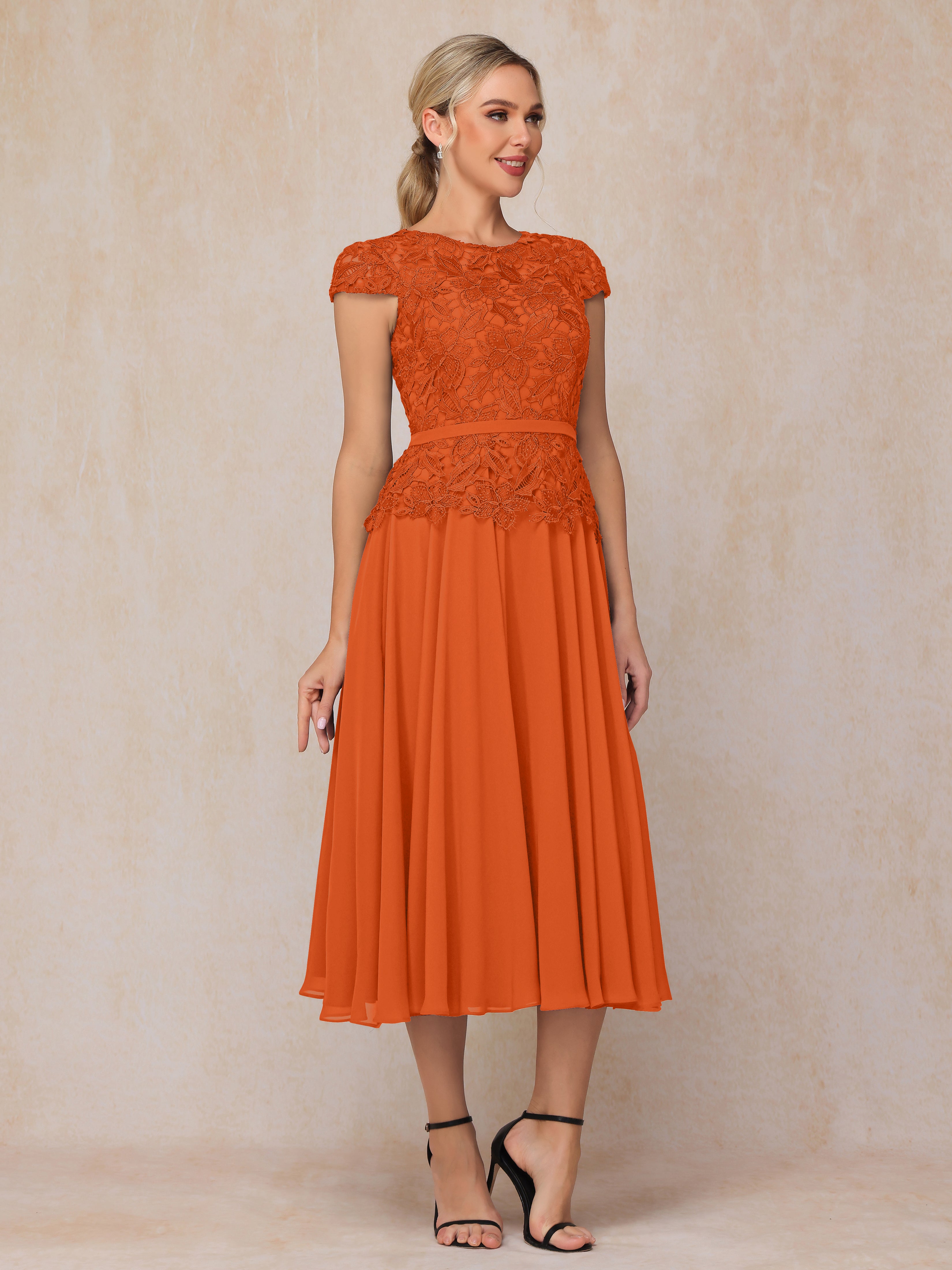 Cap Sleeves Tea Length Chiffon Mother Of The Bride Dress