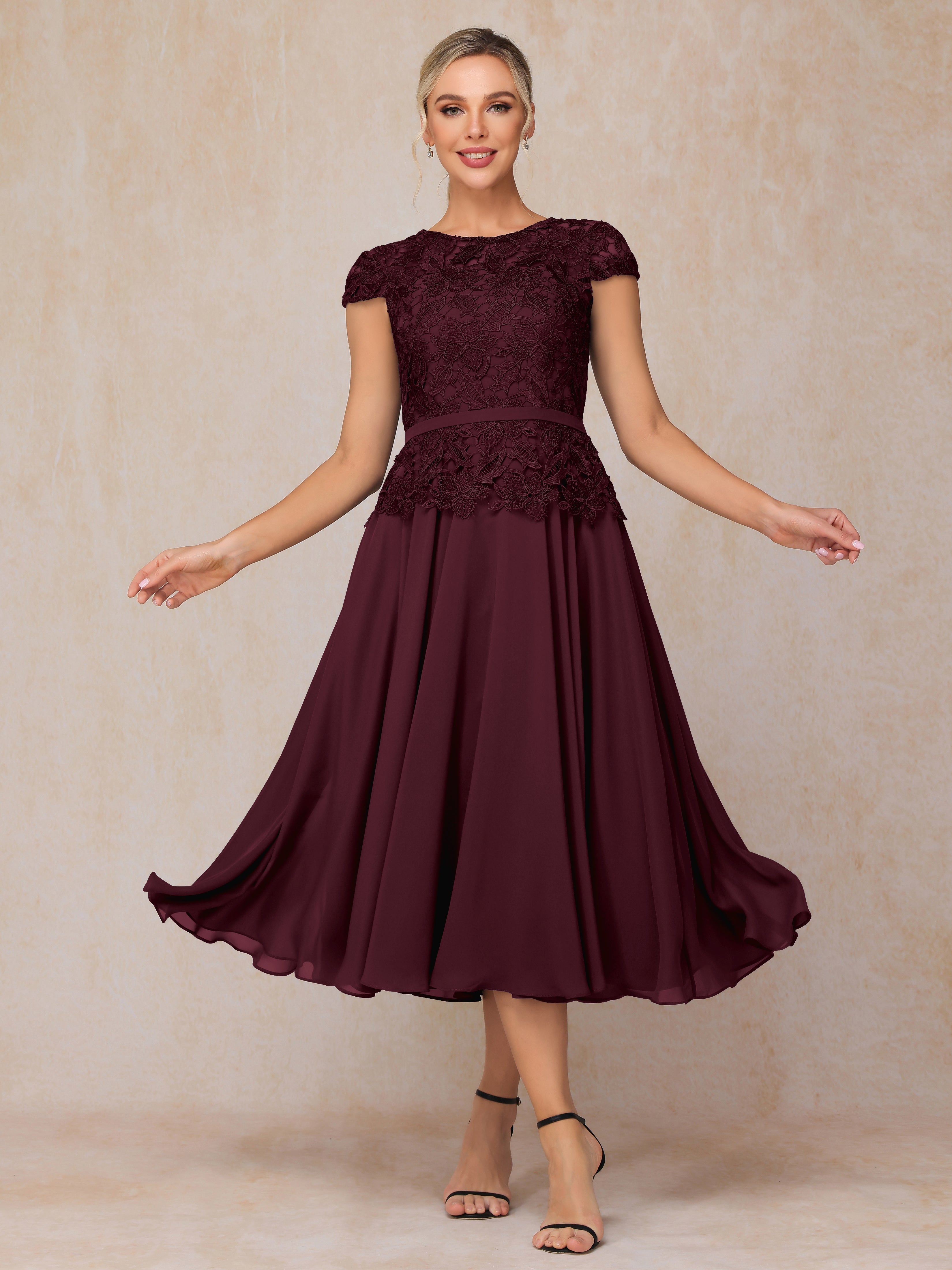 Cap Sleeves Tea Length Chiffon Mother Of The Groom Dress