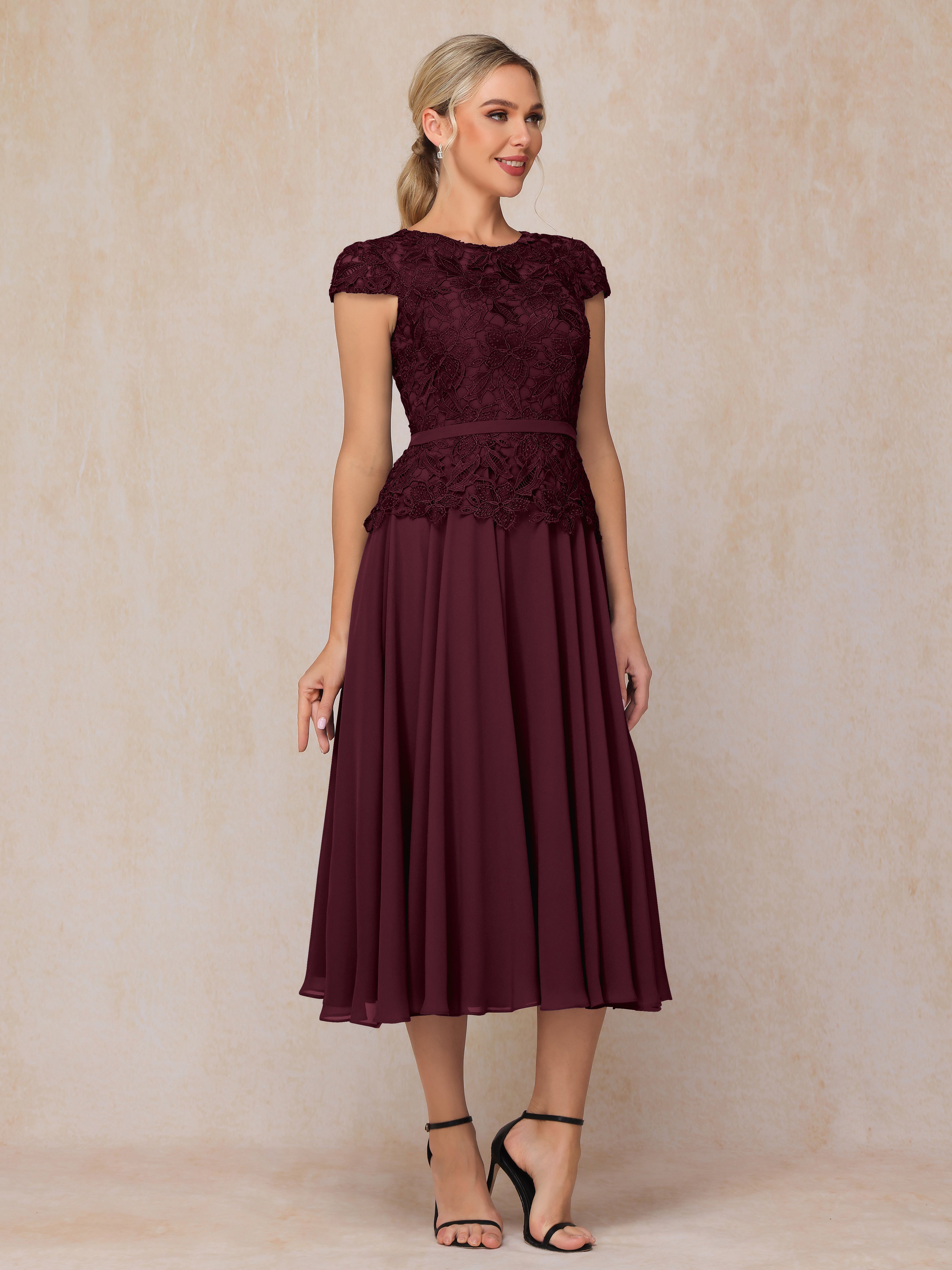 Cap Sleeves Tea Length Chiffon Mother Of The Bride Dress