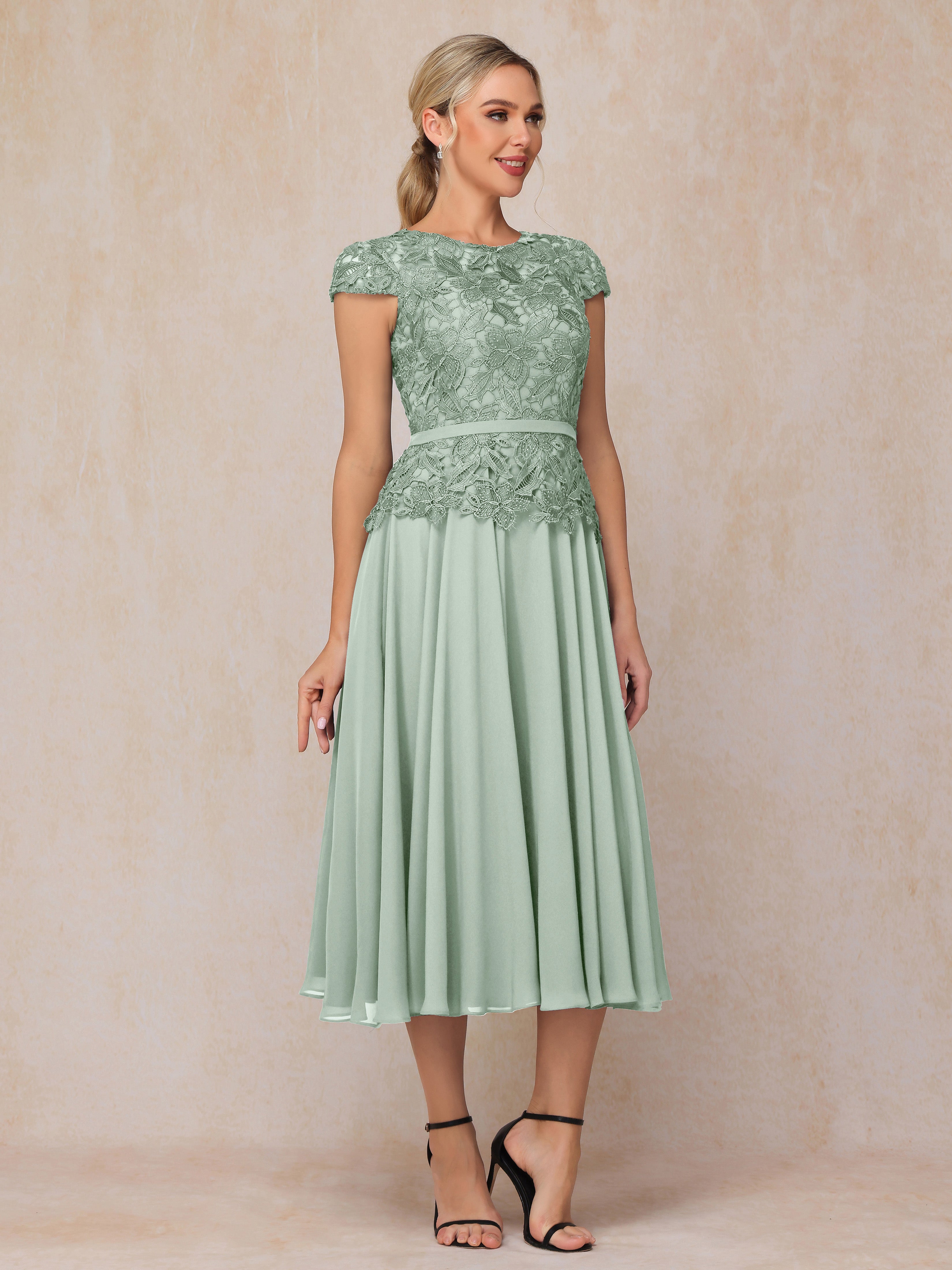 Cap Sleeves Tea Length Chiffon Mother Of The Groom Dress