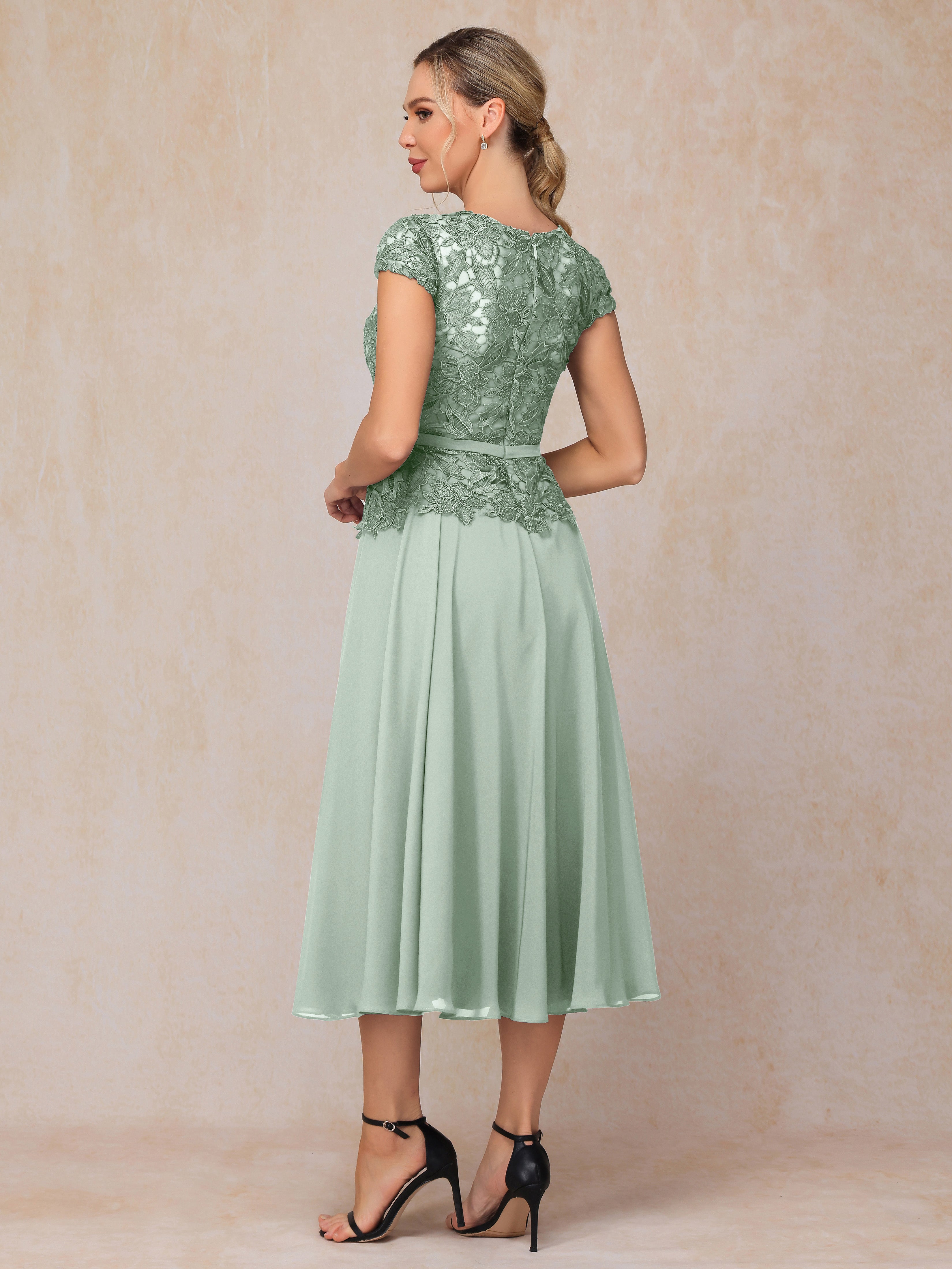 Cap Sleeves Tea Length Chiffon Mother Of The Bride Dress
