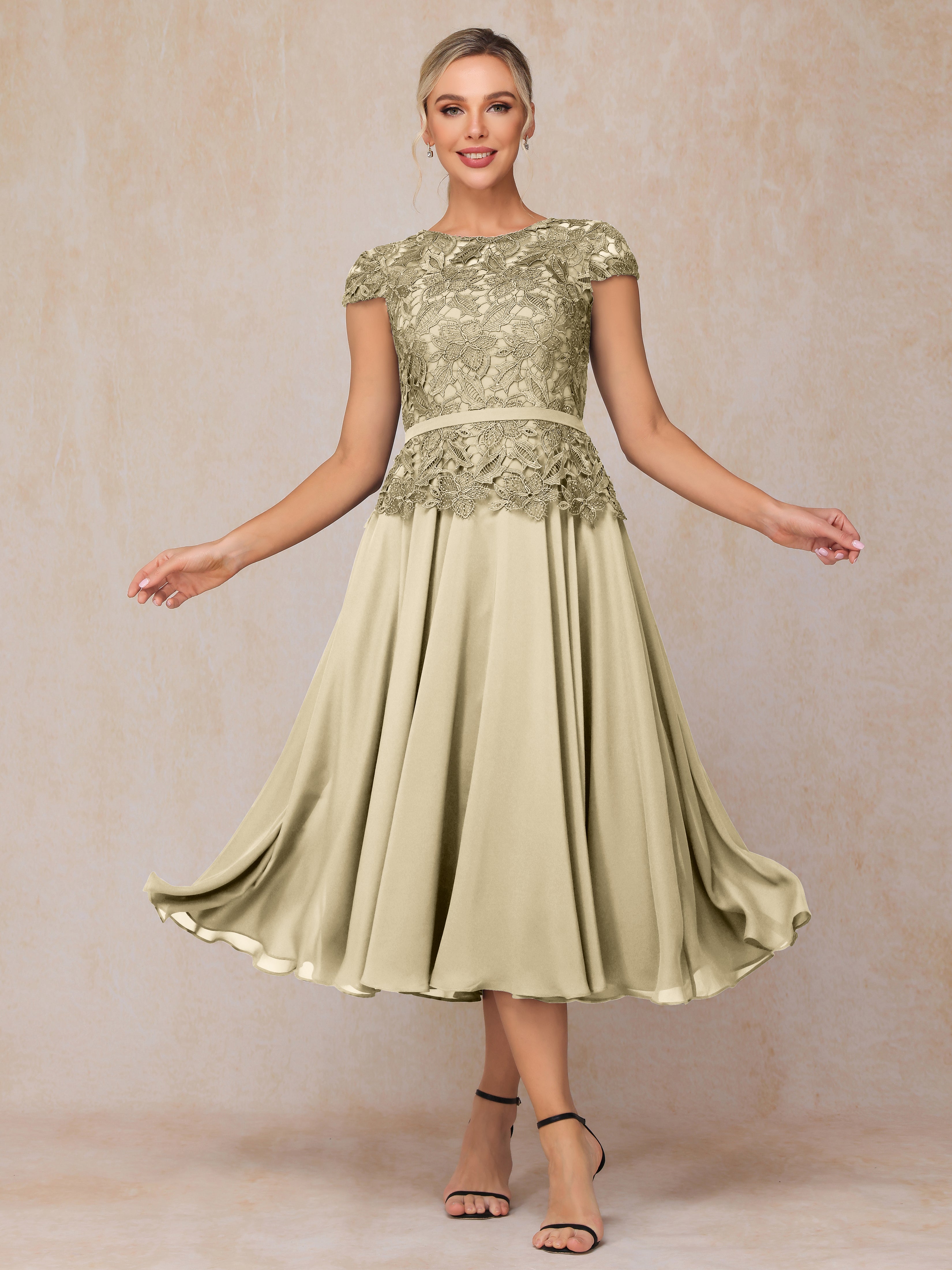 Cap Sleeves Tea Length Chiffon Mother Of The Groom Dress