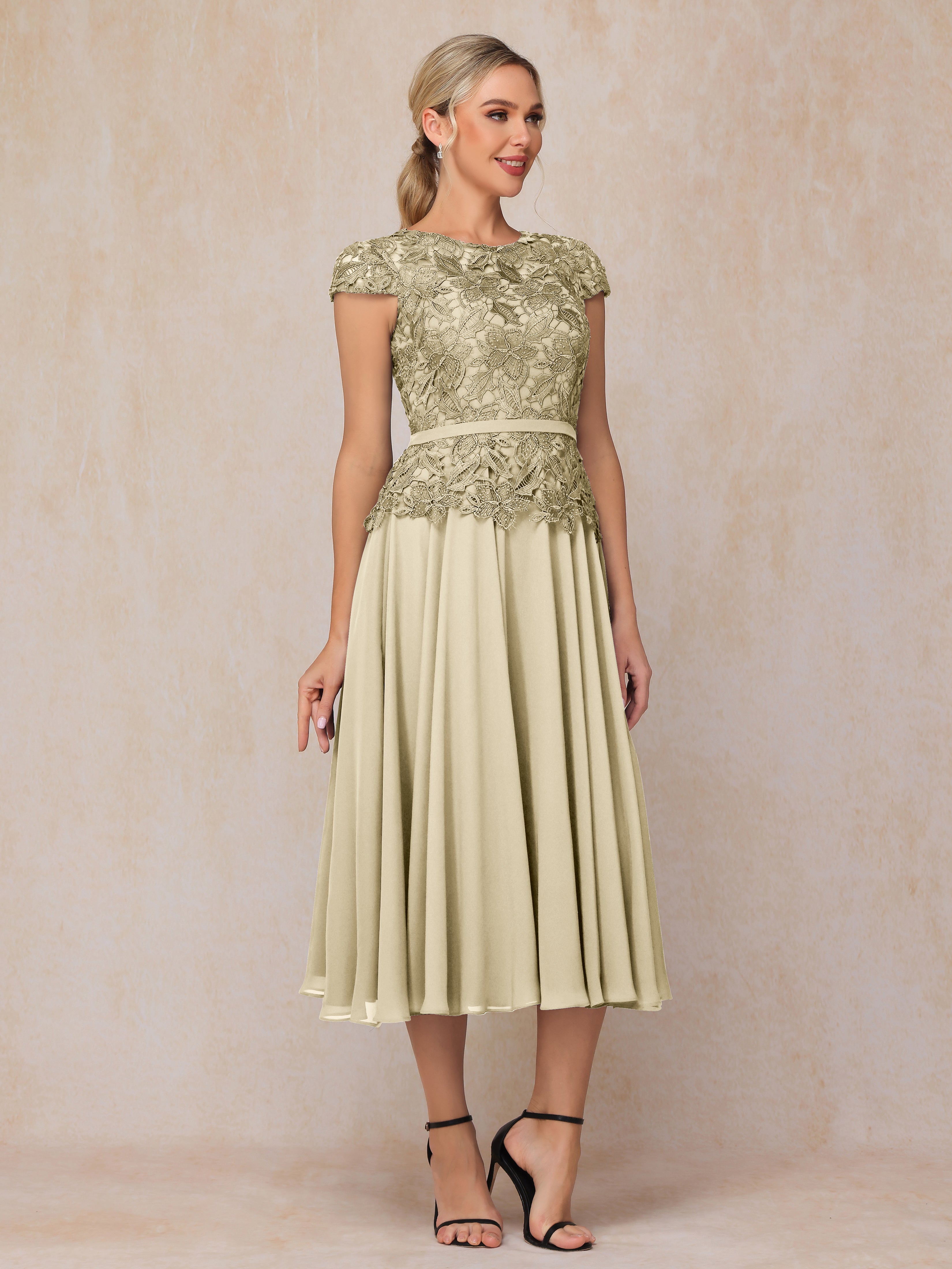 Cap Sleeves Tea Length Chiffon Mother Of The Bride Dress