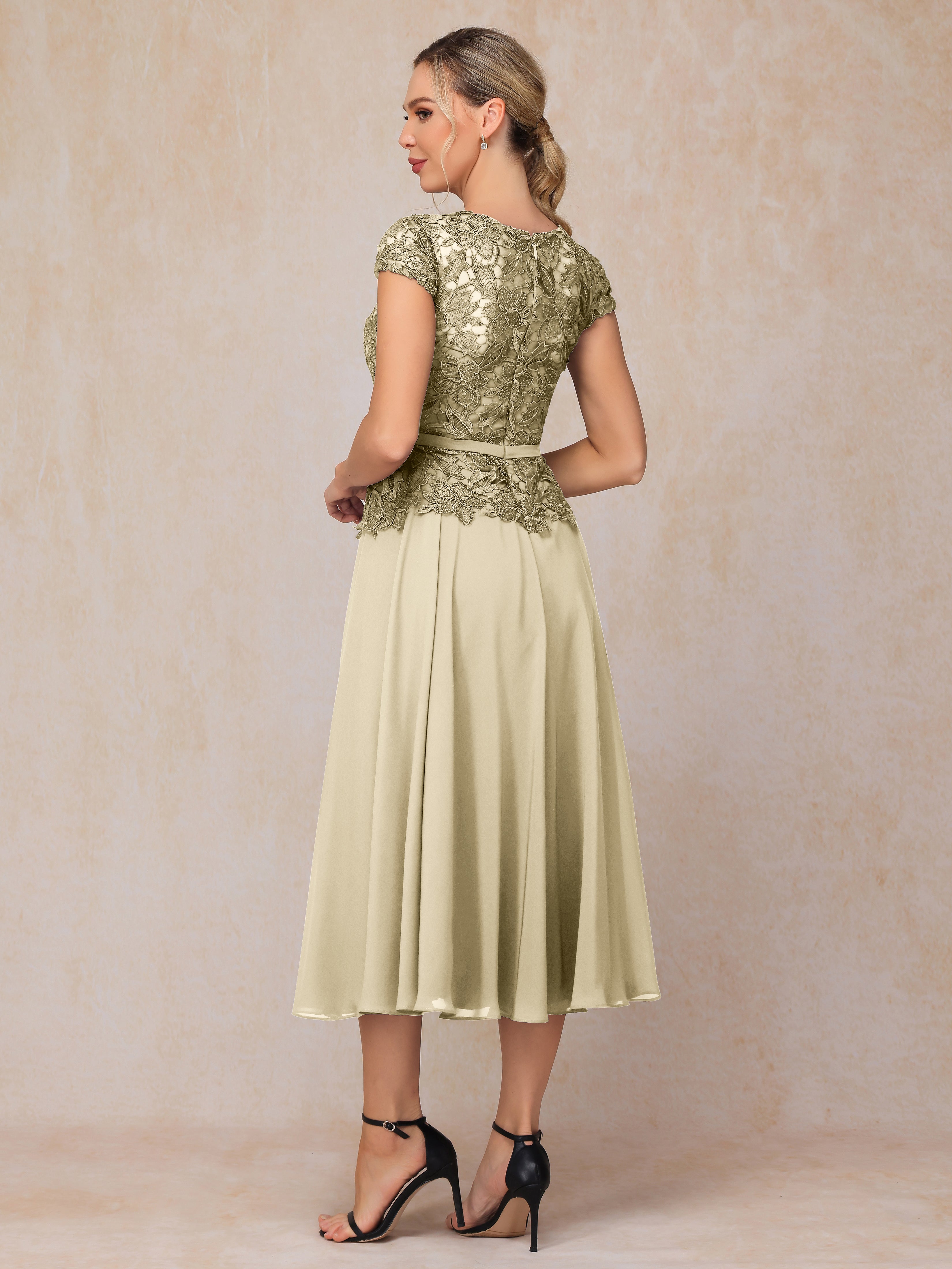 Cap Sleeves Tea Length Chiffon Mother Of The Bride Dress