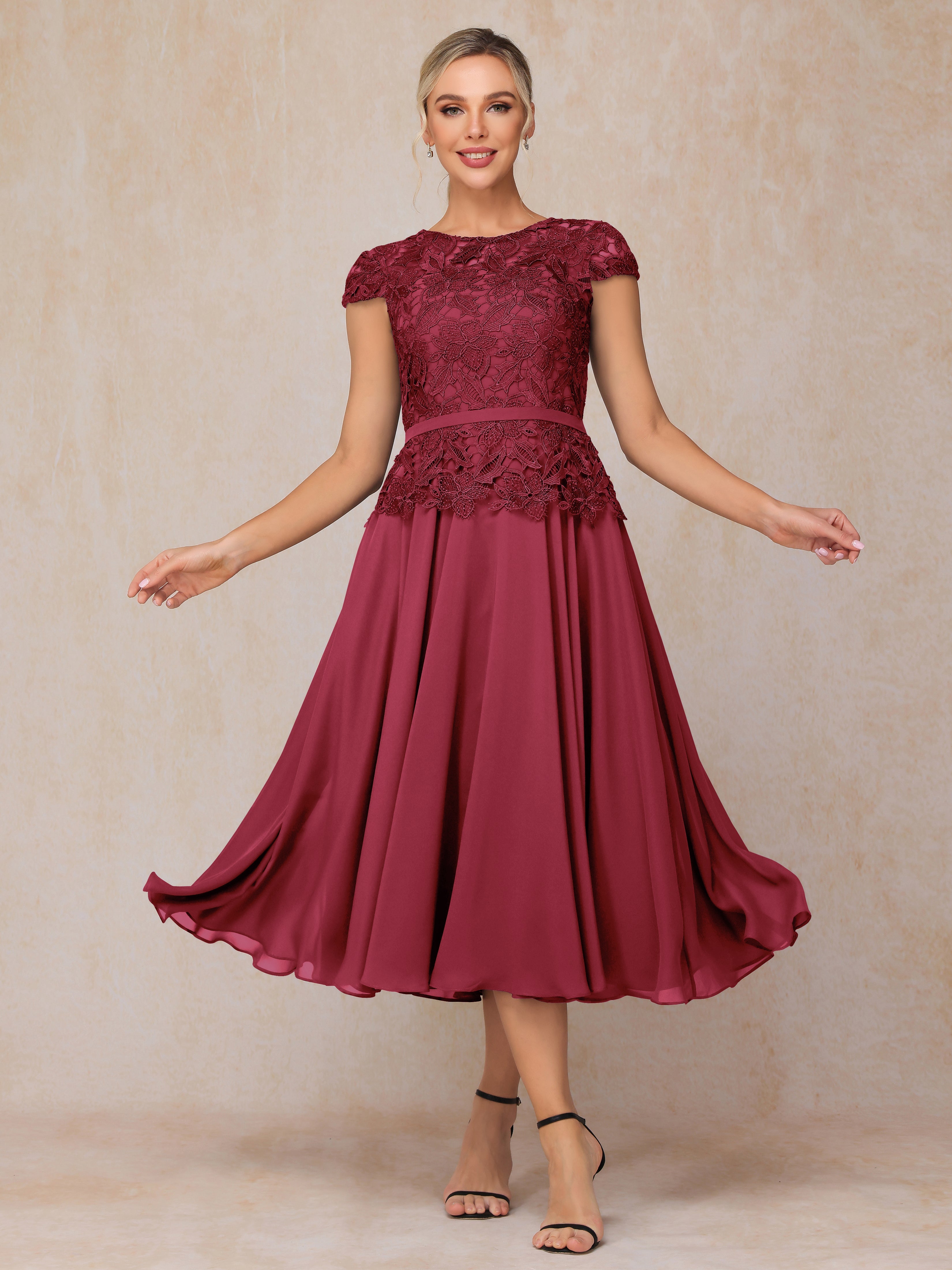 Cap Sleeves Tea Length Chiffon Mother Of The Groom Dress