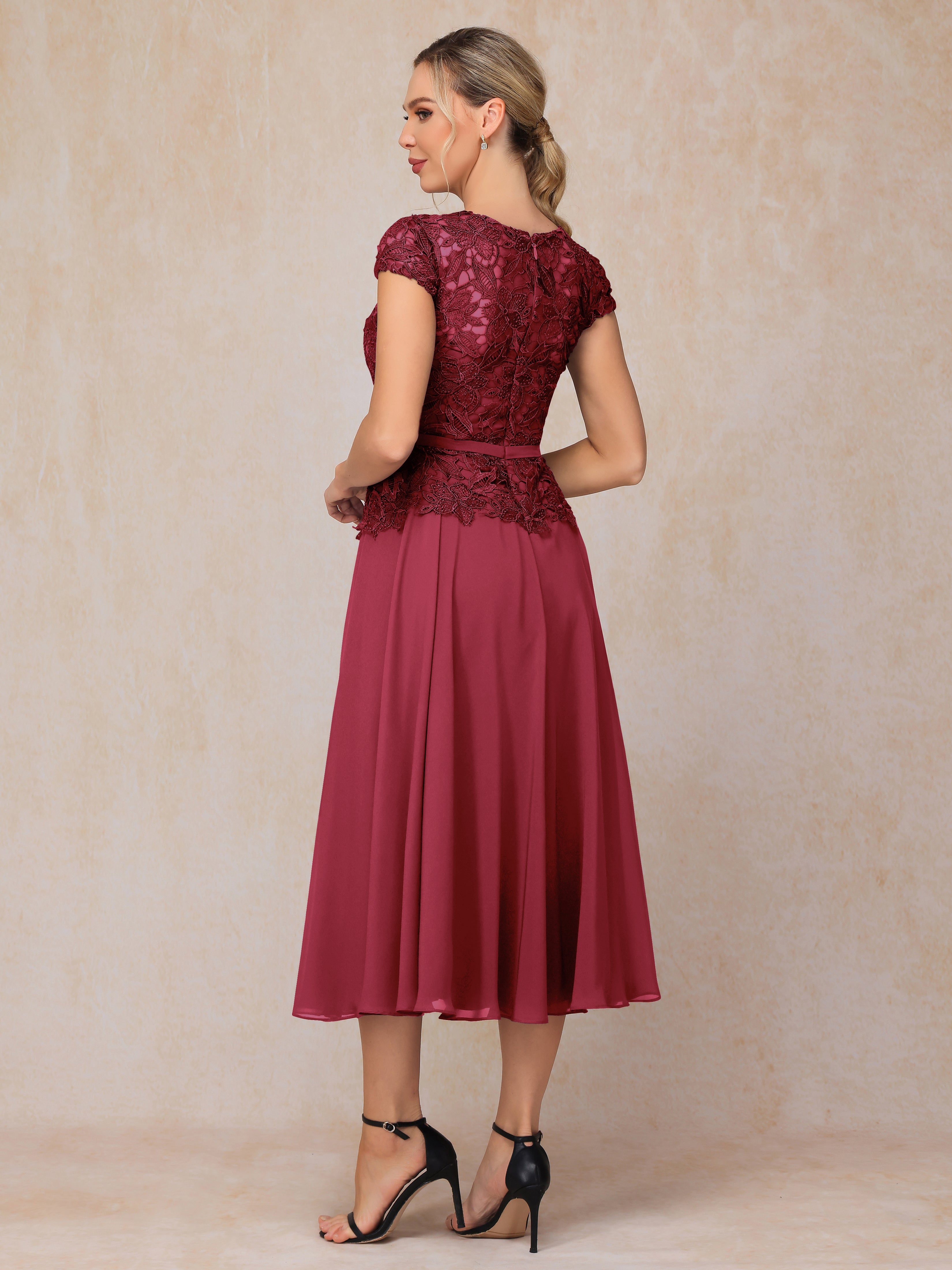 Cap Sleeves Tea Length Chiffon Mother Of The Groom Dress