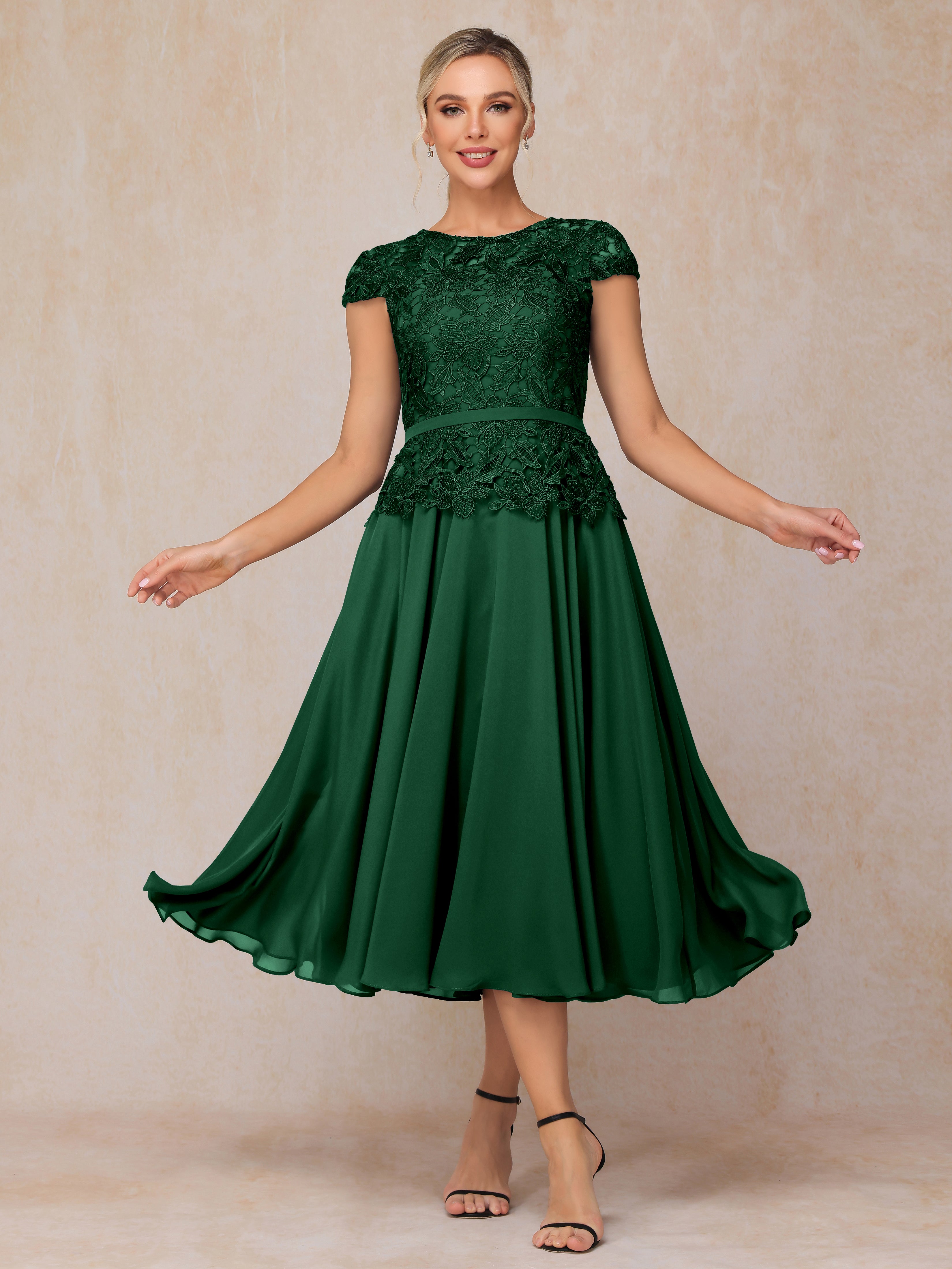 Cap Sleeves Tea Length Chiffon Mother Of The Bride Dress