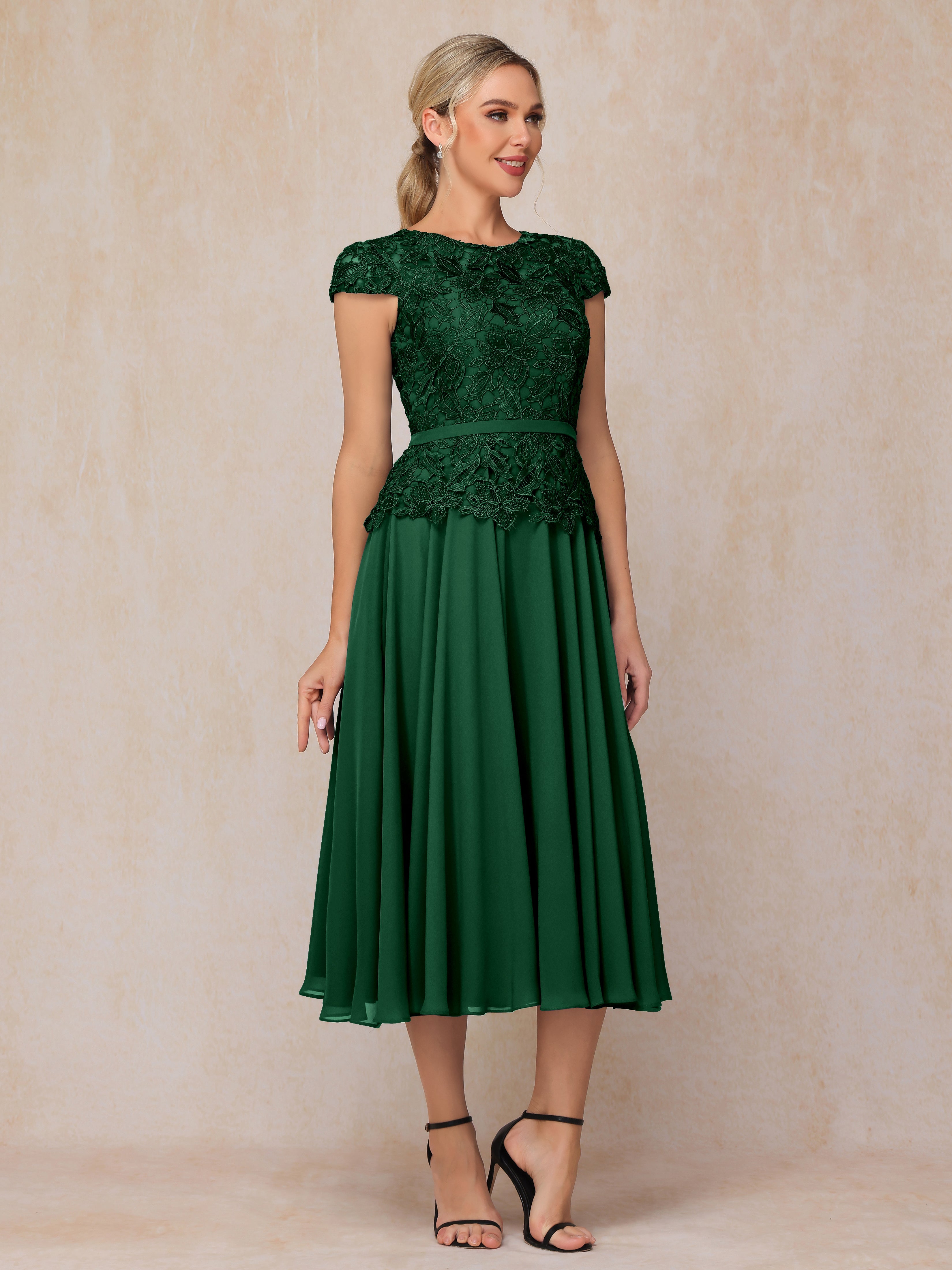 Cap Sleeves Tea Length Chiffon Mother Of The Groom Dress