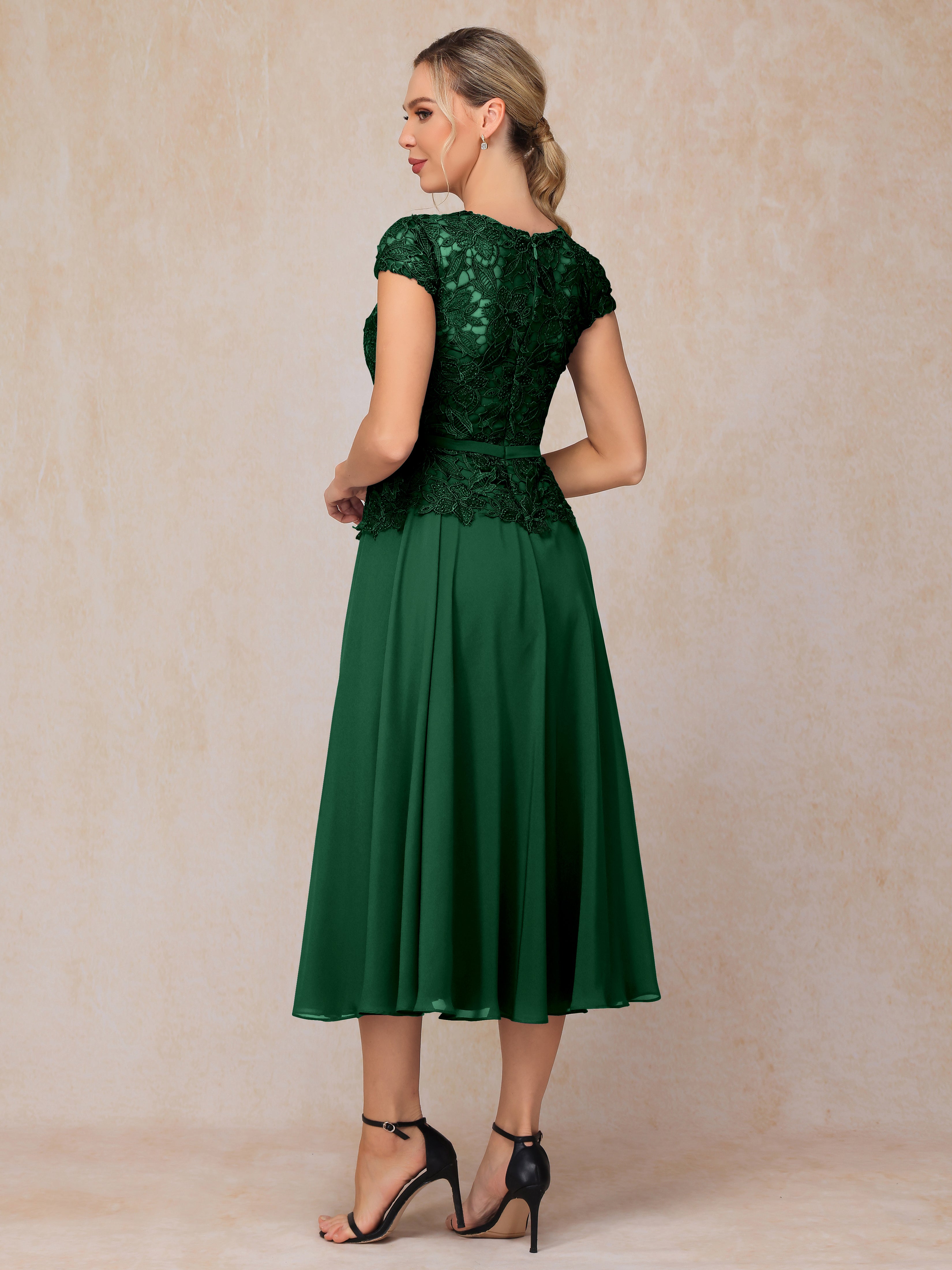 Cap Sleeves Tea Length Chiffon Mother Of The Bride Dress