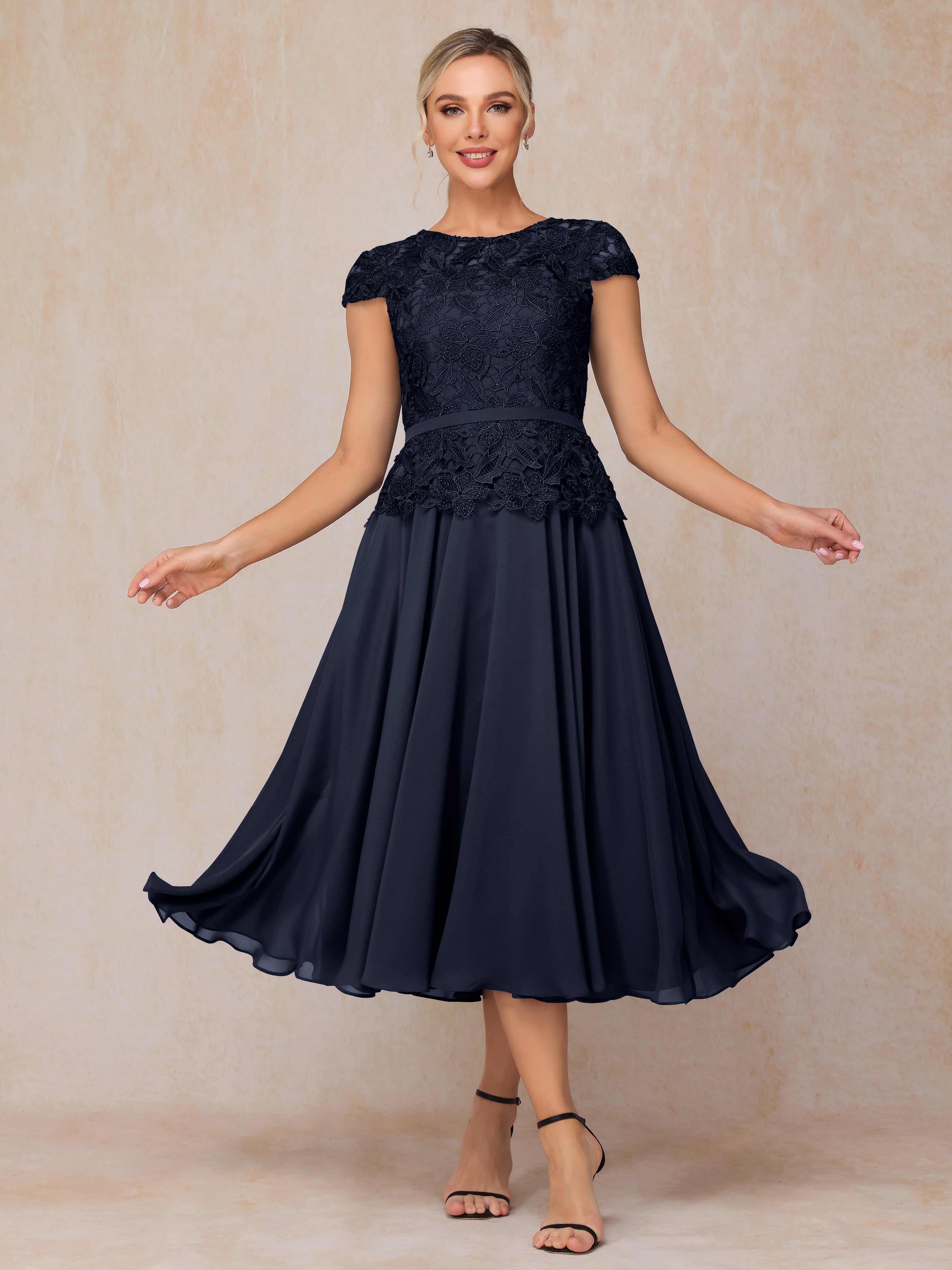 Cap Sleeves Tea Length Chiffon Mother Of The Bride Dress