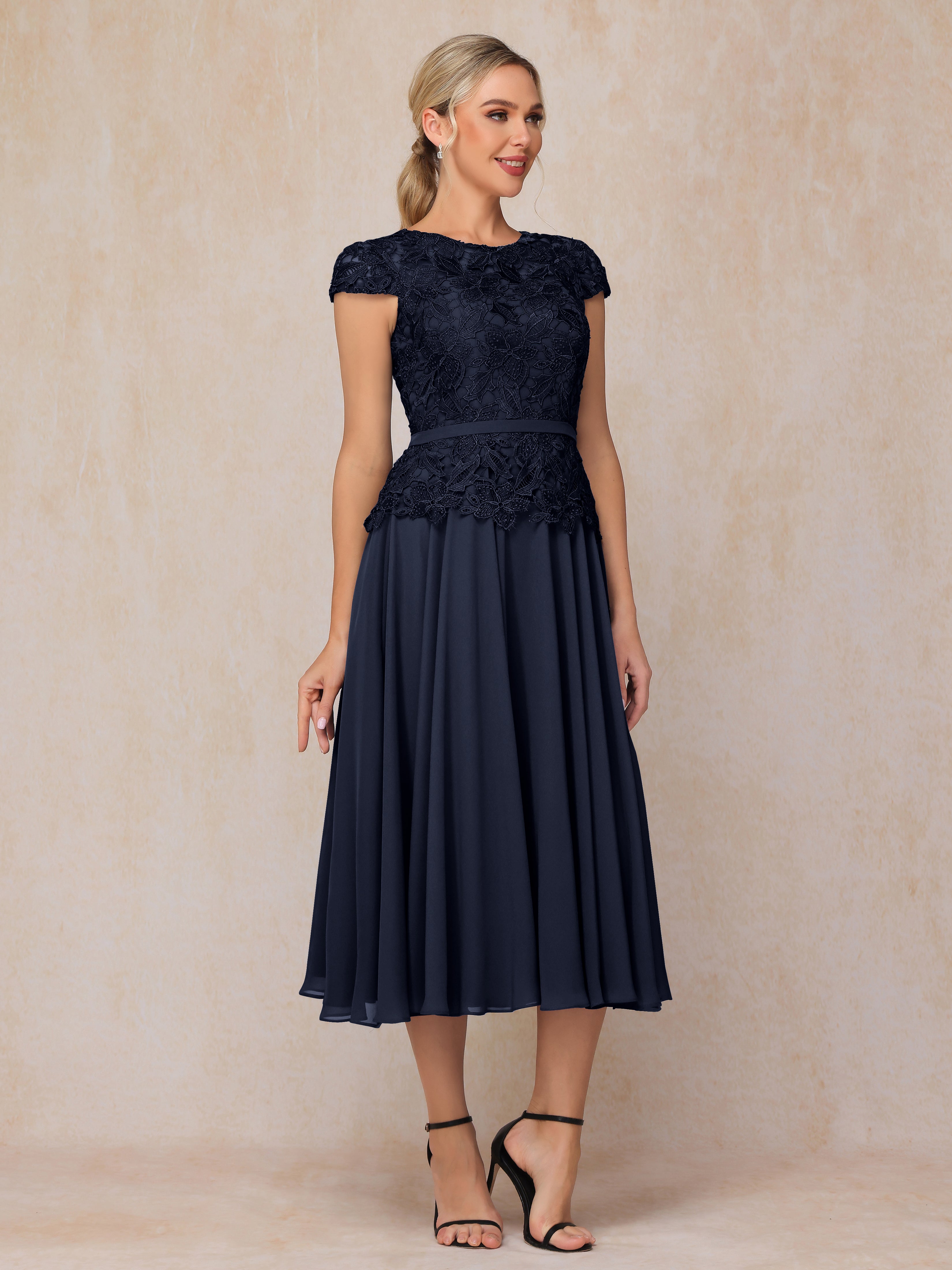 Cap Sleeves Tea Length Chiffon Mother Of The Bride Dress