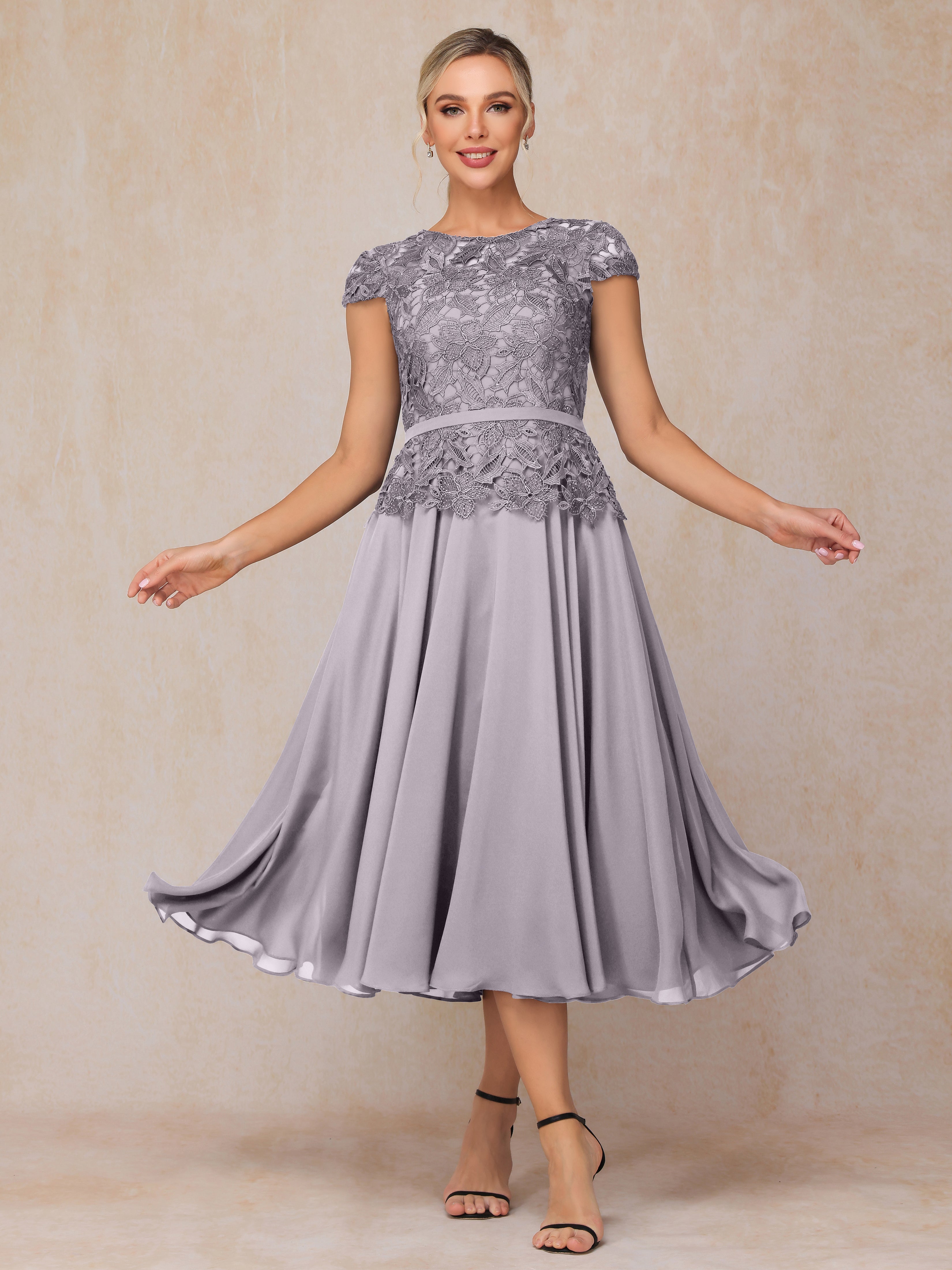 Cap Sleeves Tea Length Chiffon Mother Of The Groom Dress