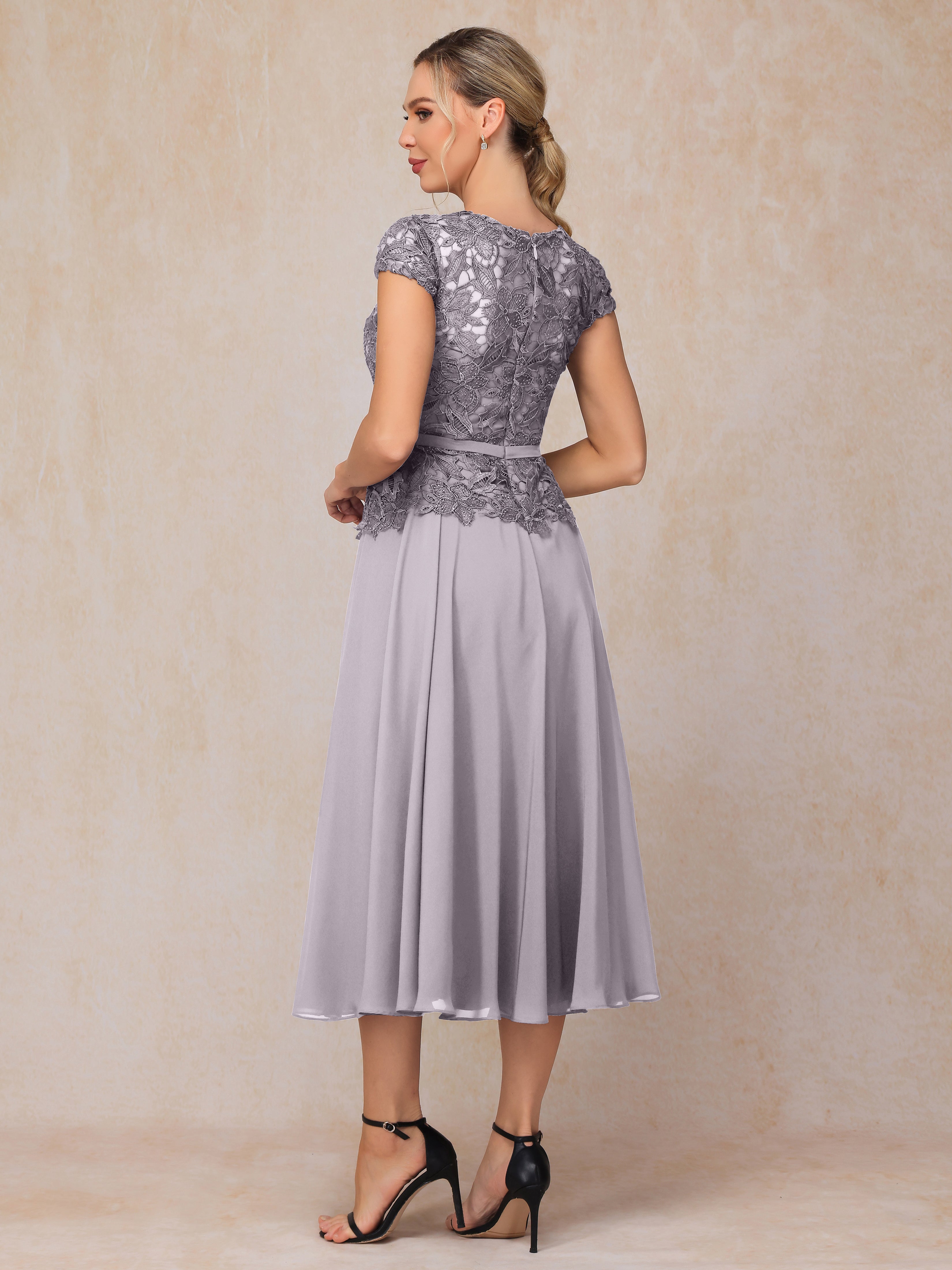 Cap Sleeves Tea Length Chiffon Mother Of The Bride Dress