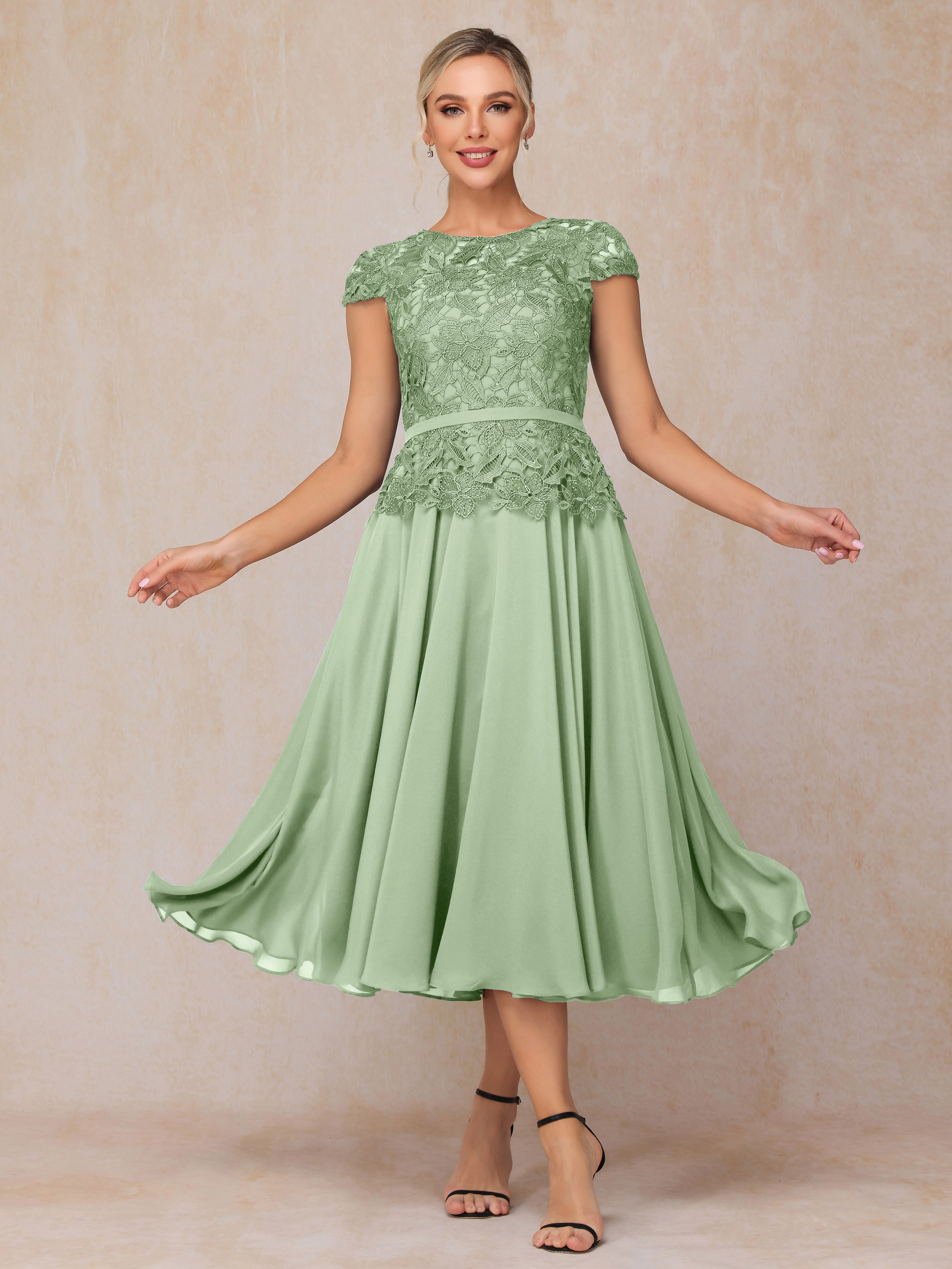 Cap Sleeves Tea Length Chiffon Mother Of The Groom Dress