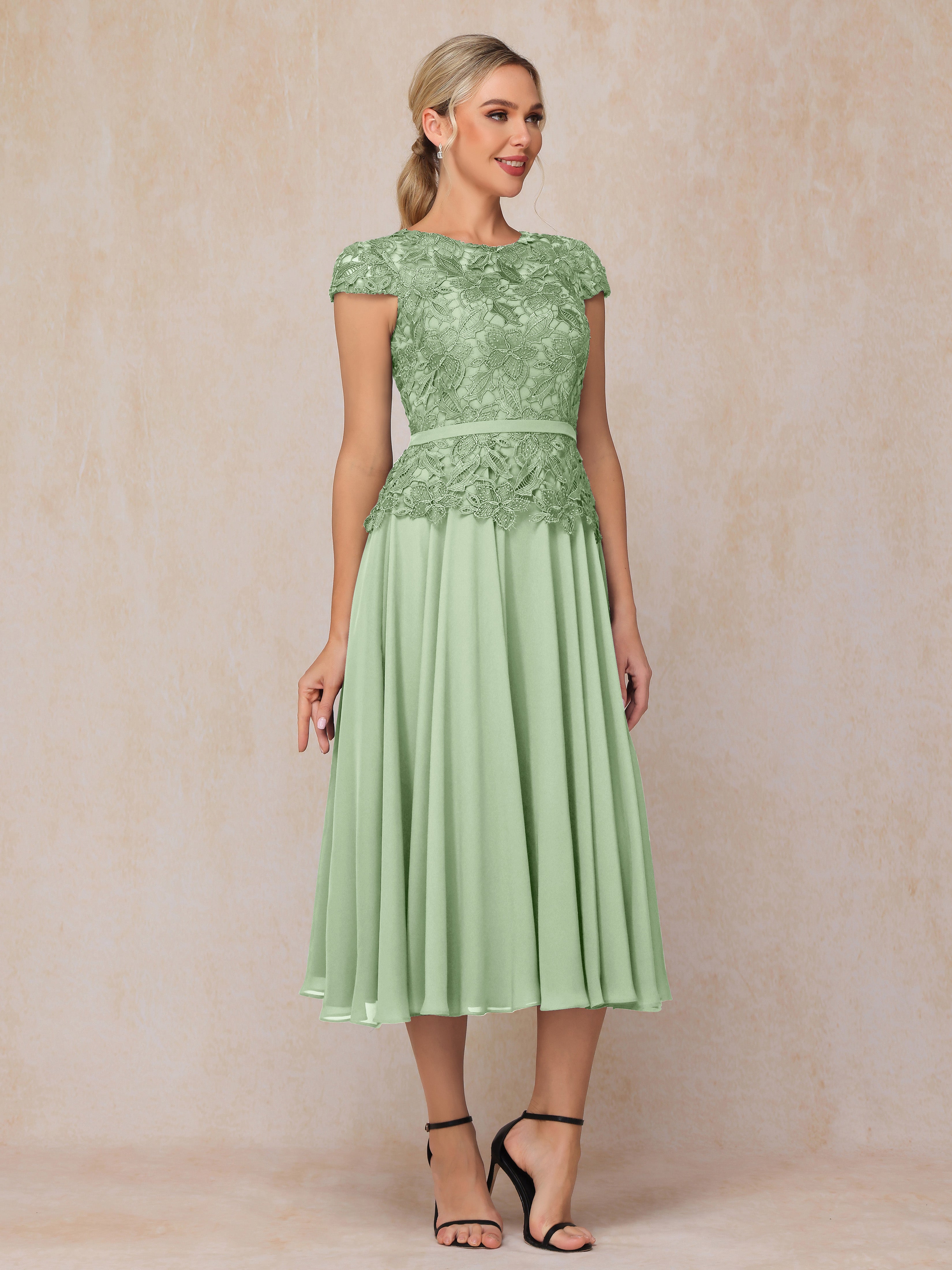 Cap Sleeves Tea Length Chiffon Mother Of The Groom Dress