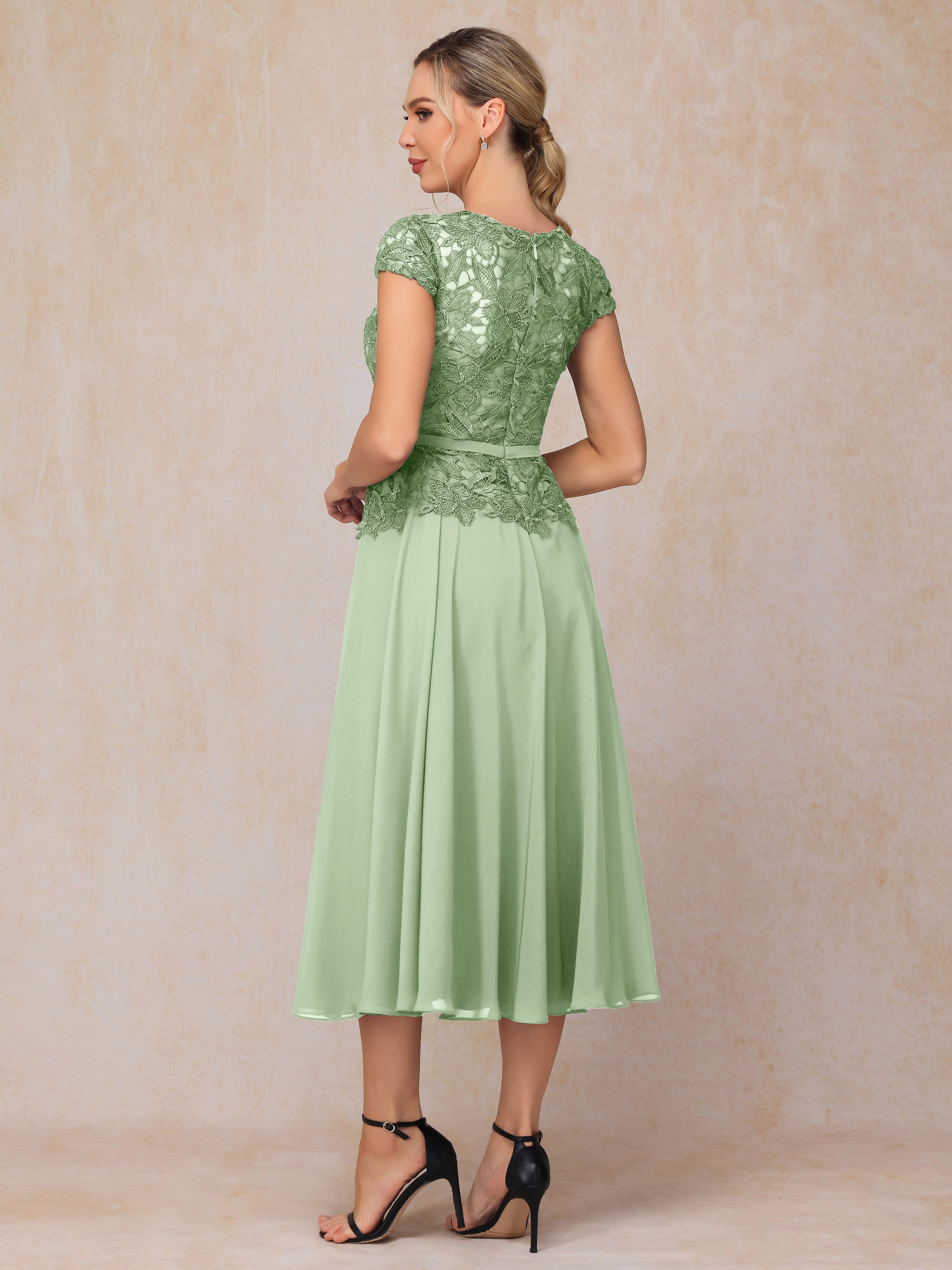 Cap Sleeves Tea Length Chiffon Mother Of The Bride Dress