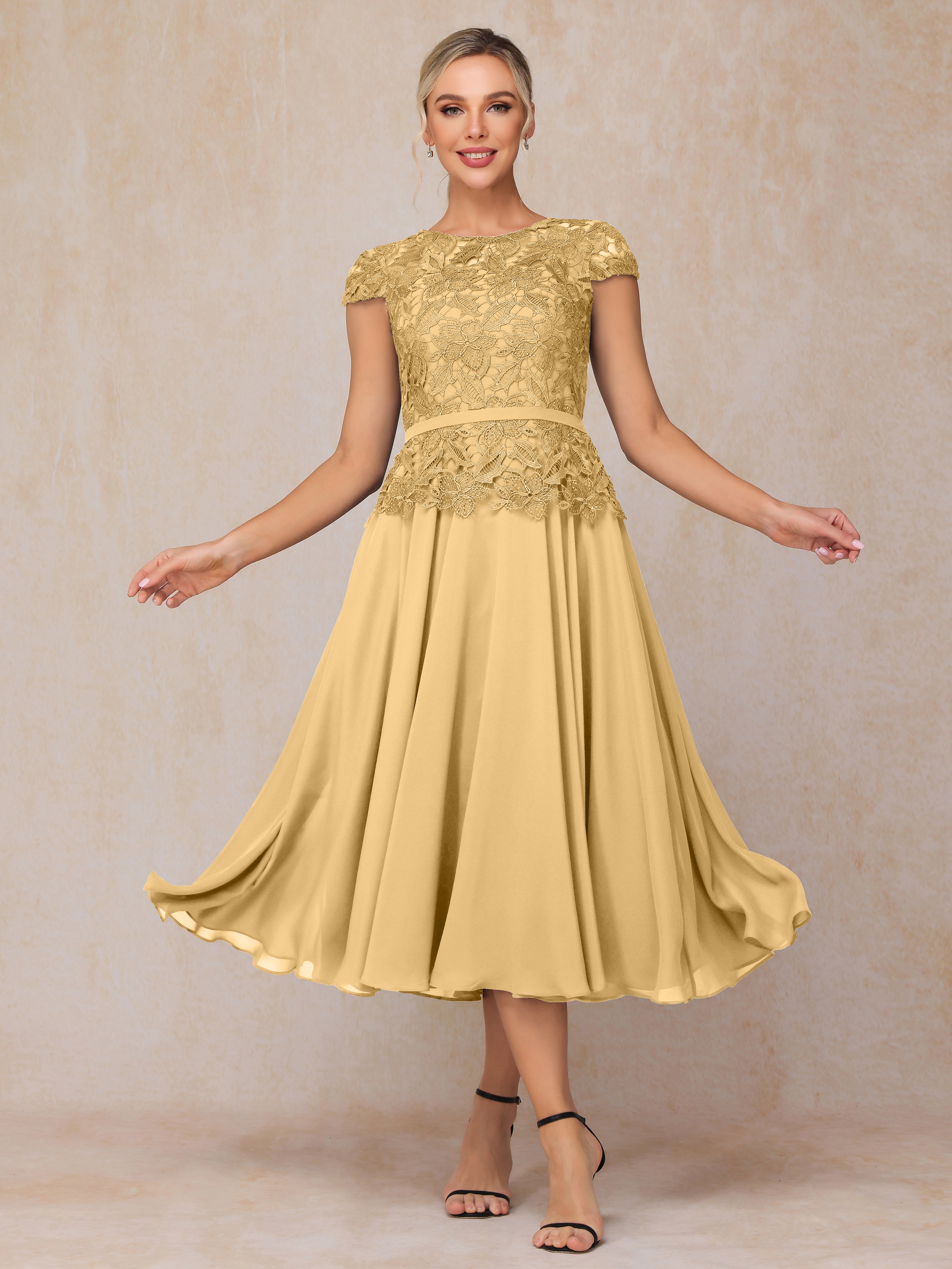 Cap Sleeves Tea Length Chiffon Mother Of The Bride Dress