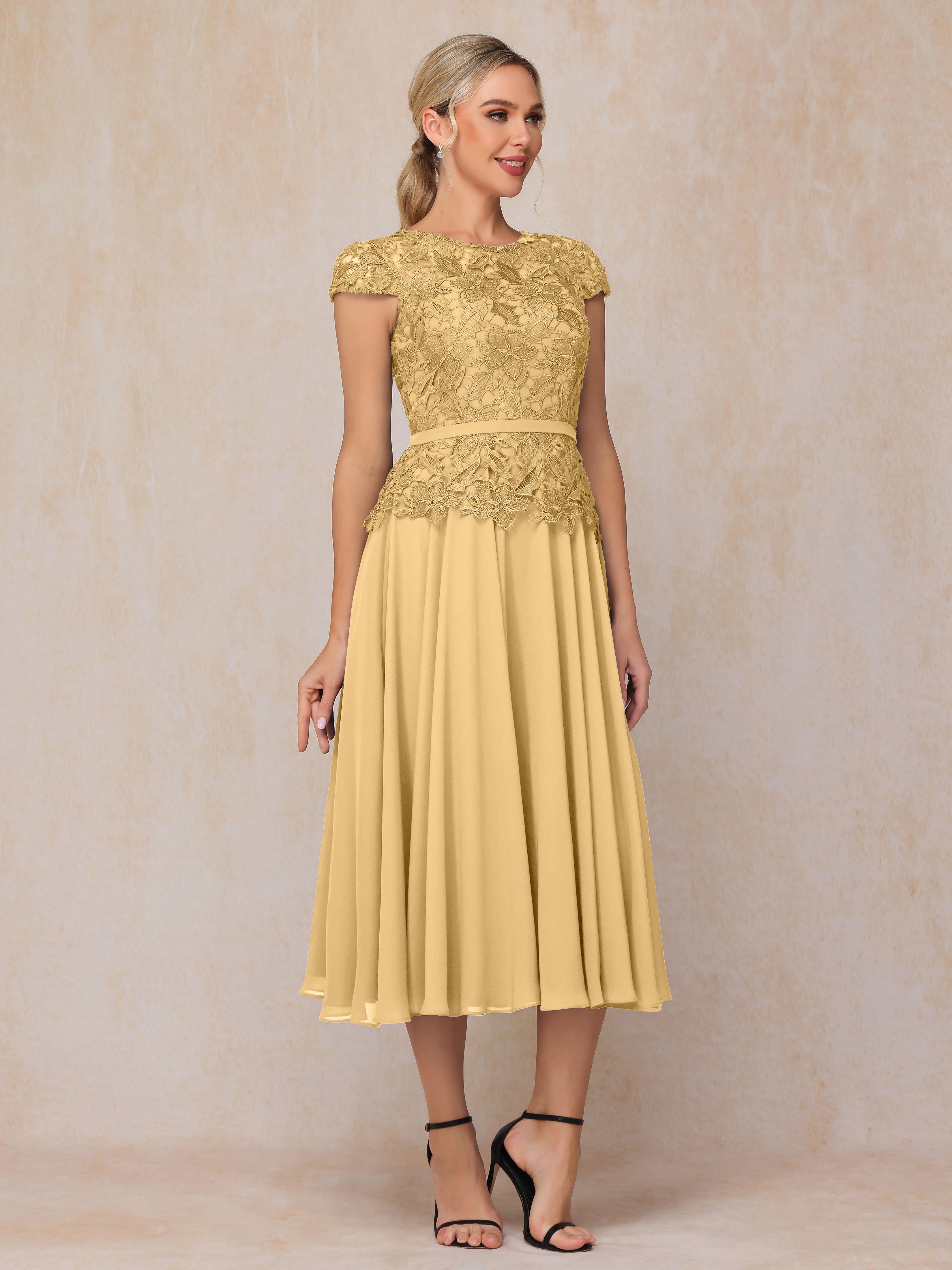 Cap Sleeves Tea Length Chiffon Mother Of The Groom Dress